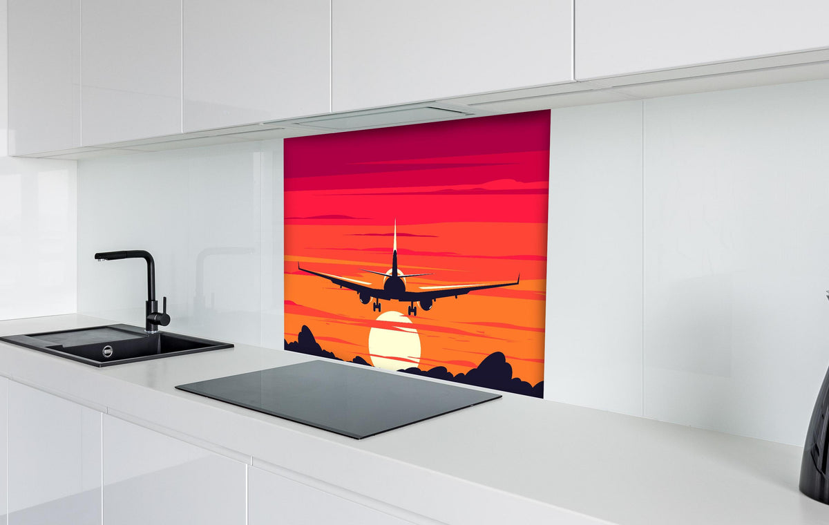 Spritzschutz - Flugzeug am Himmel beim Sonnenuntergang hinter einem Cerankochfeld zwischen Holz-Kochutensilien
