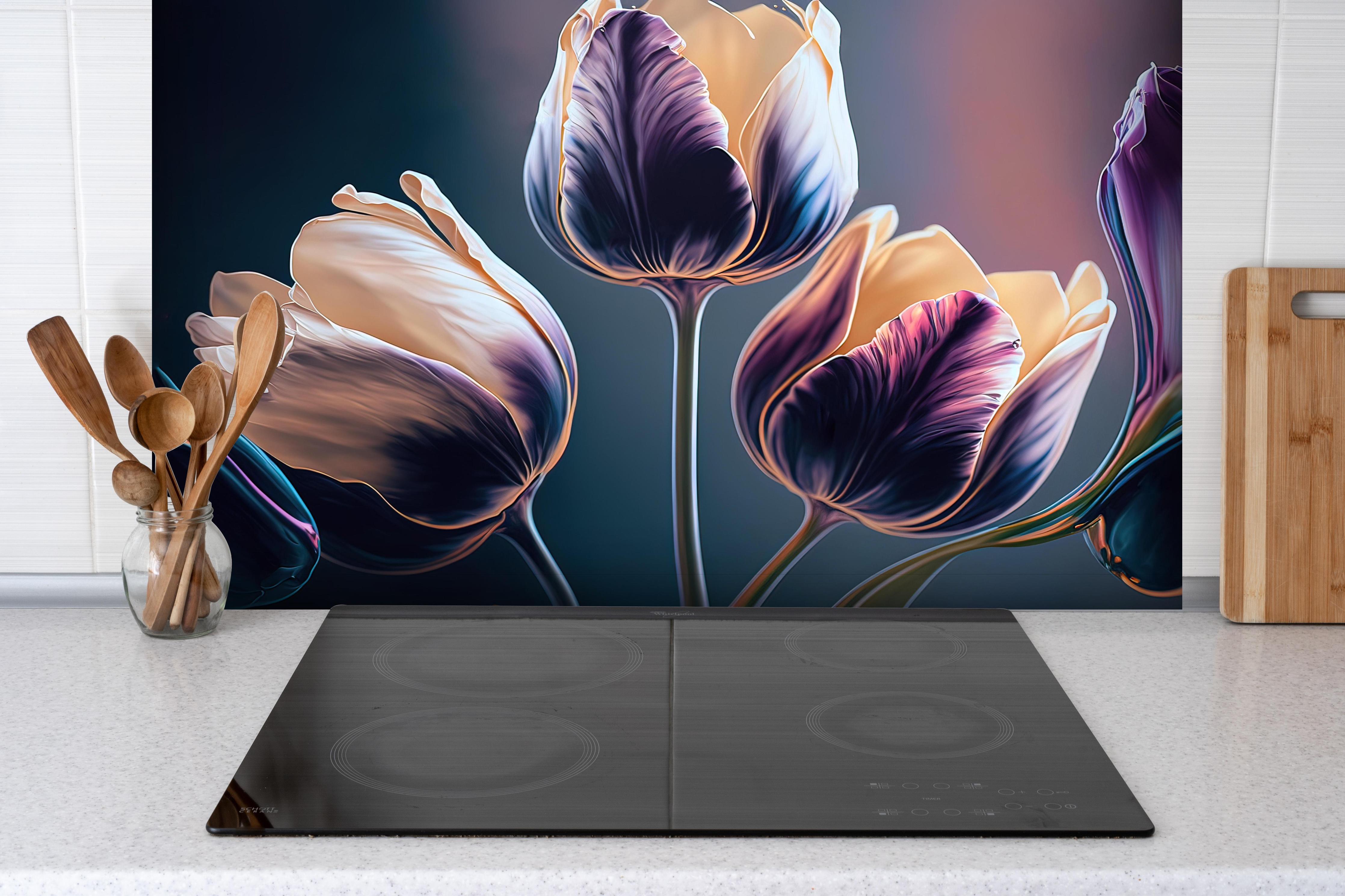 Spritzschutz - Fluid Art Tulpen Abstraktion Luxus hinter einem Cerankochfeld zwischen Holz-Kochutensilien
