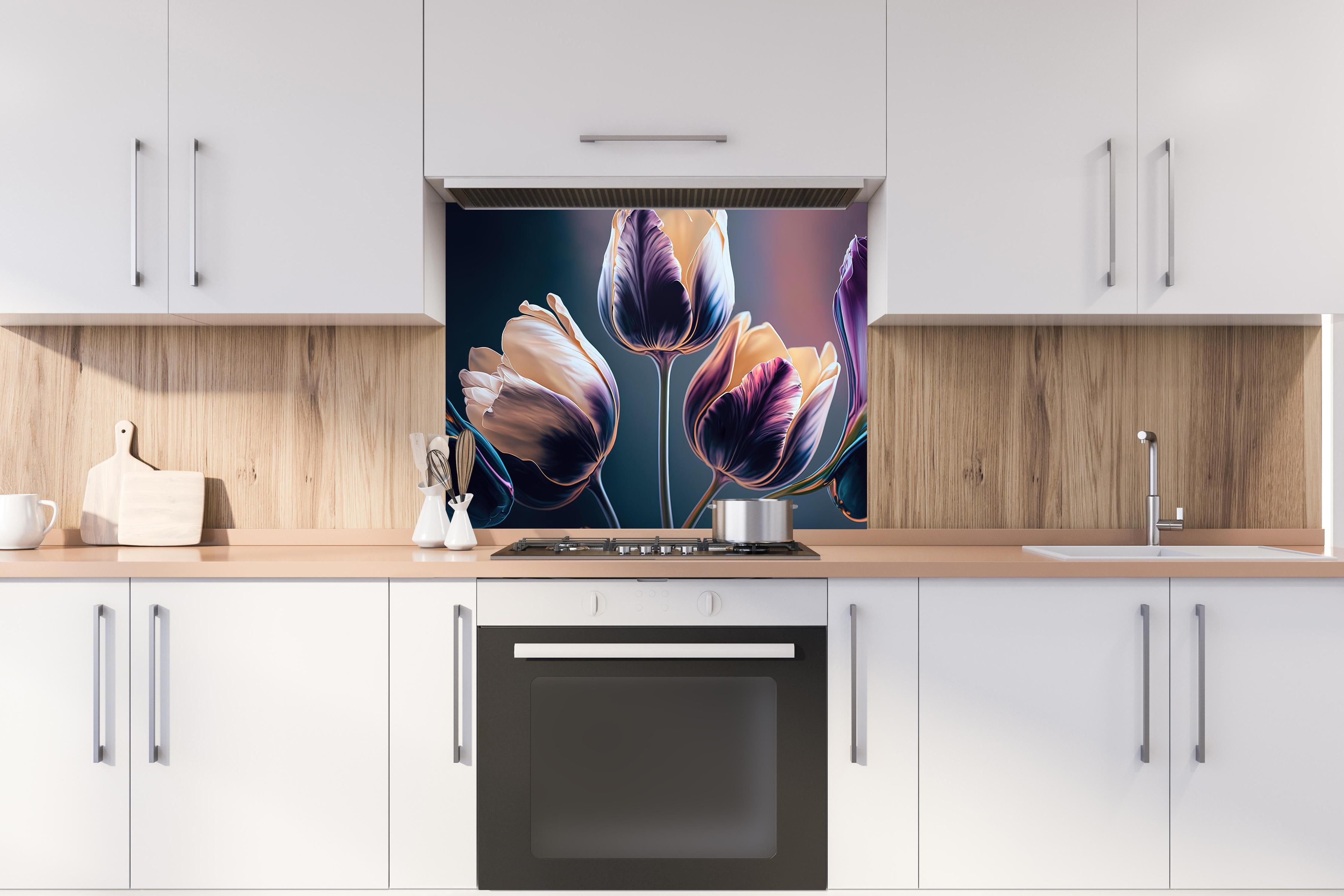 Spritzschutz - Fluid Art Tulpen Abstraktion Luxus hinter einem Cerankochfeld zwischen Holz-Kochutensilien
