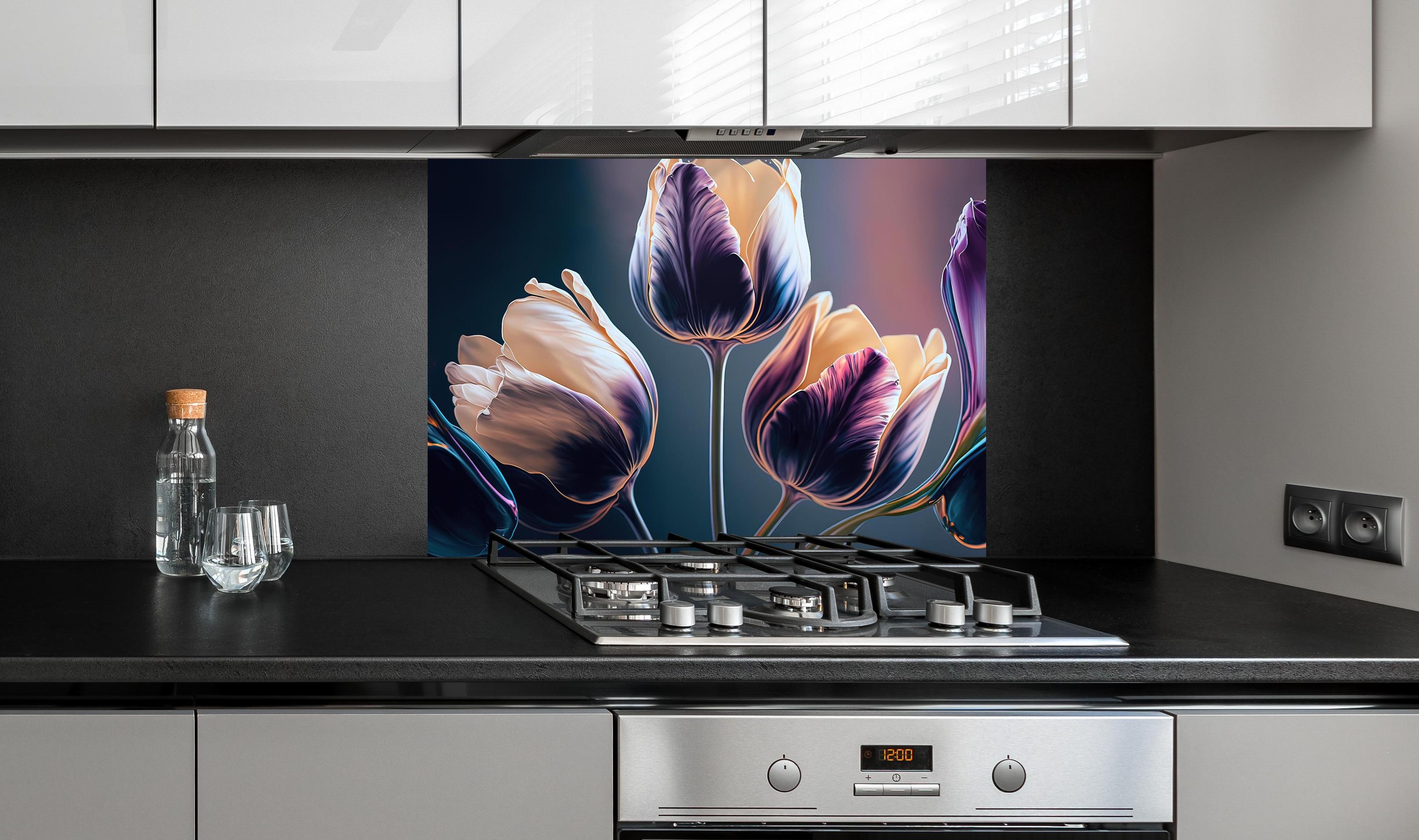 Spritzschutz - Fluid Art Tulpen Abstraktion Luxus hinter einem Cerankochfeld zwischen Holz-Kochutensilien
