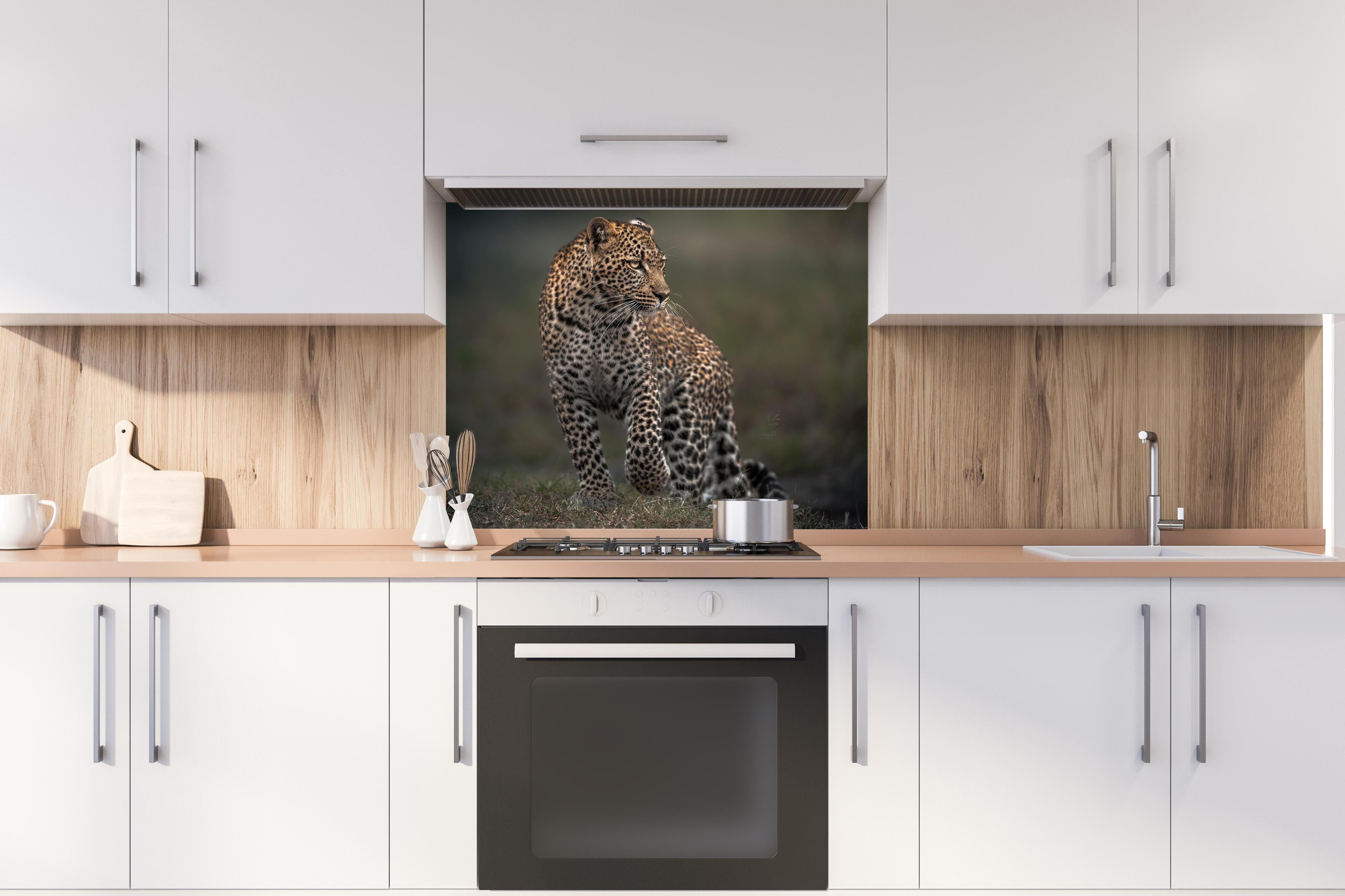 Spritzschutz - Fokussierter Leopard - Savanne hinter einem Cerankochfeld zwischen Holz-Kochutensilien
