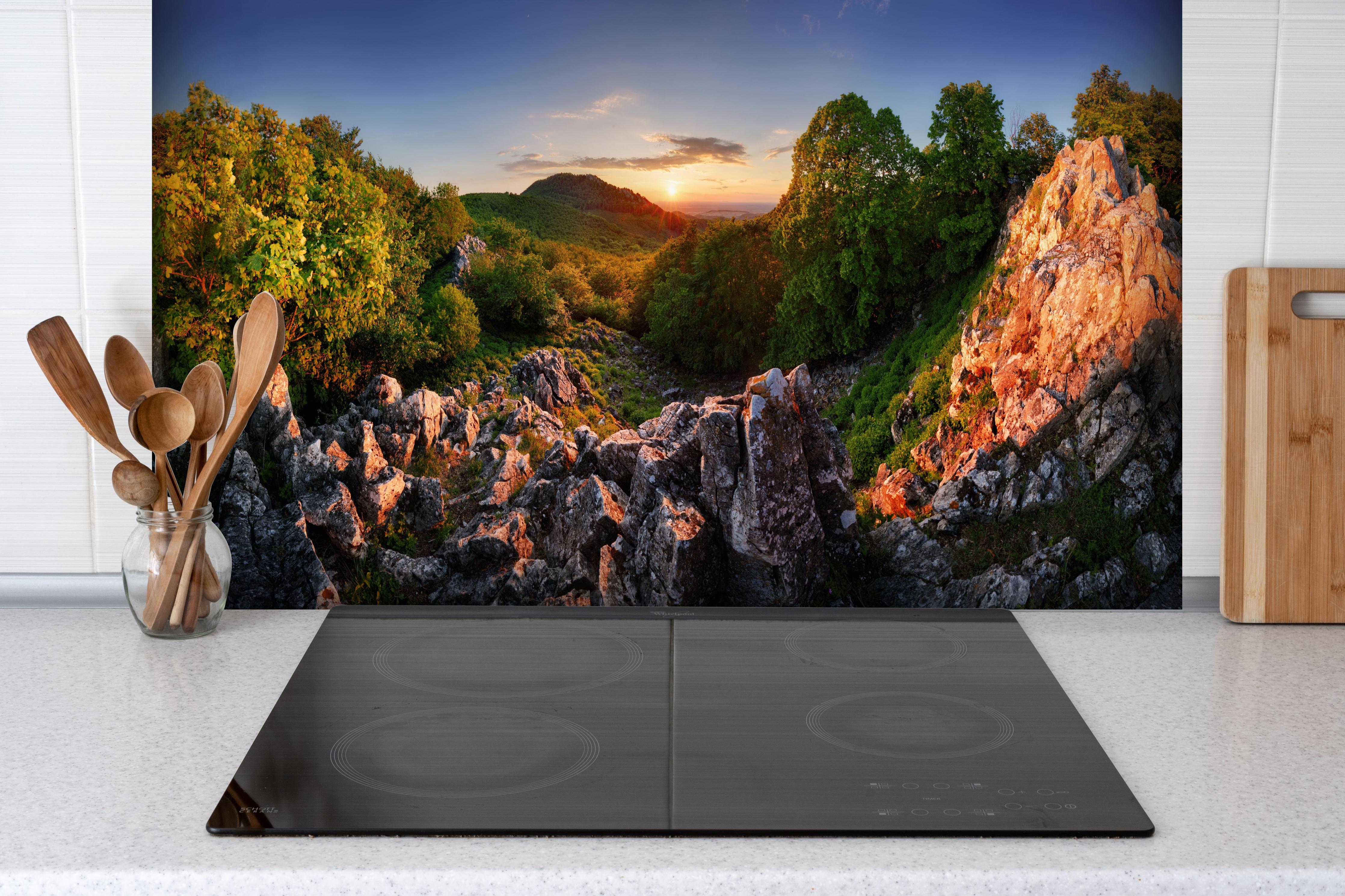 Spritzschutz - Freie Waldnaturlandschaft in der Slowakei hinter einem Cerankochfeld zwischen Holz-Kochutensilien
