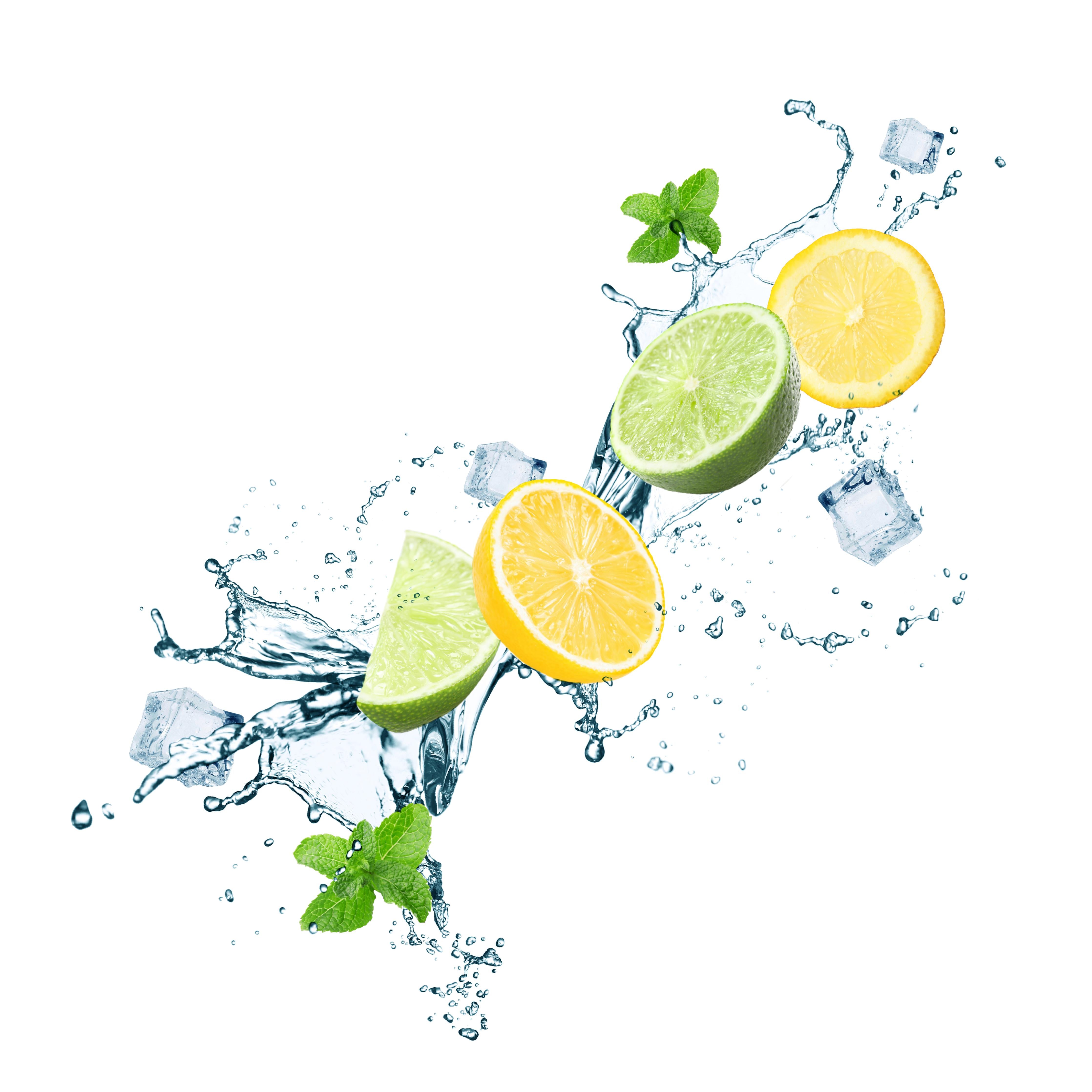 Spritzschutz-Frische Zitrusfrüchte und Eiswürfel Splash