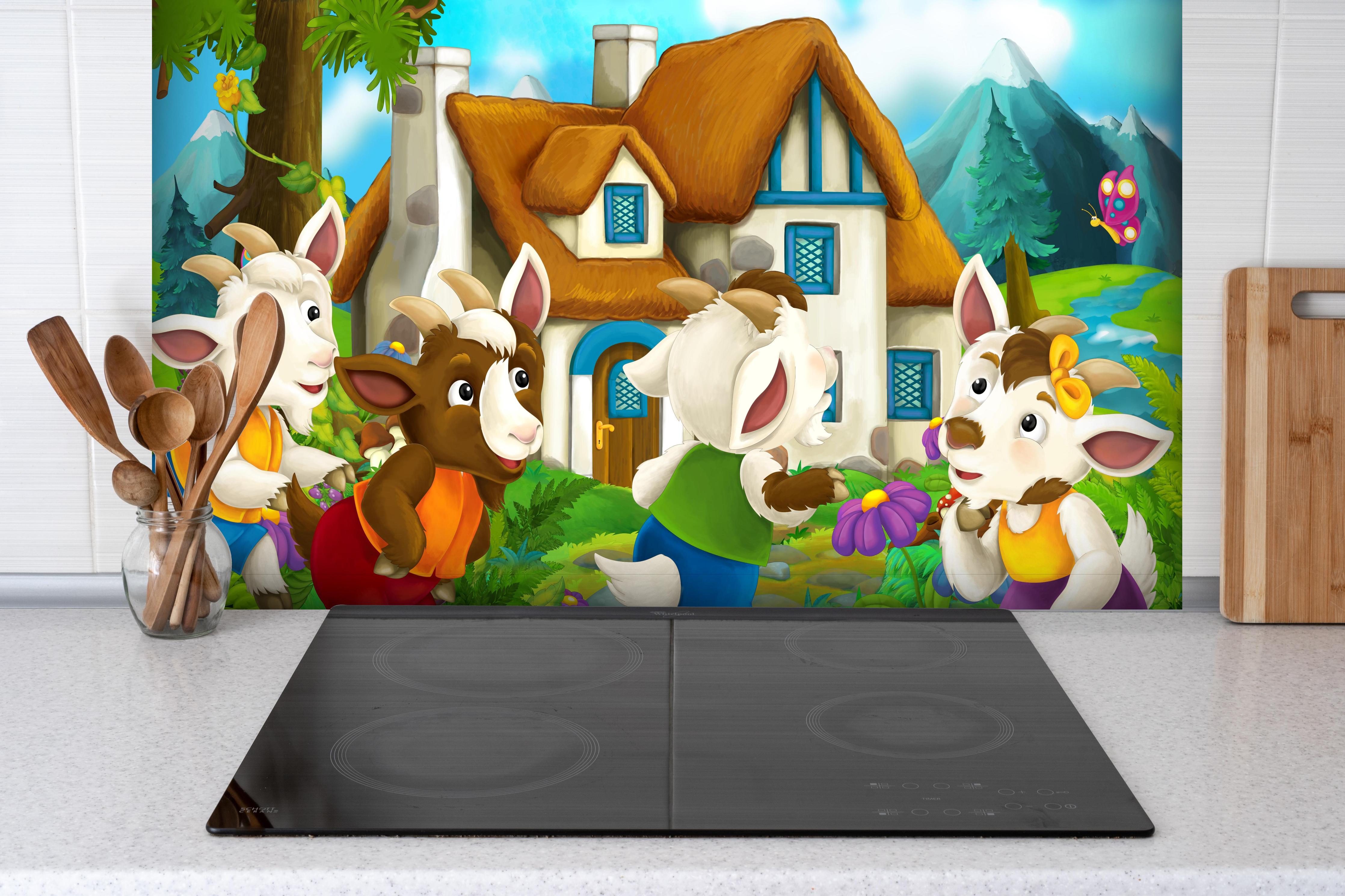 Spritzschutz - Fröhliche Cartoon Ziegen  hinter einem Cerankochfeld zwischen Holz-Kochutensilien
