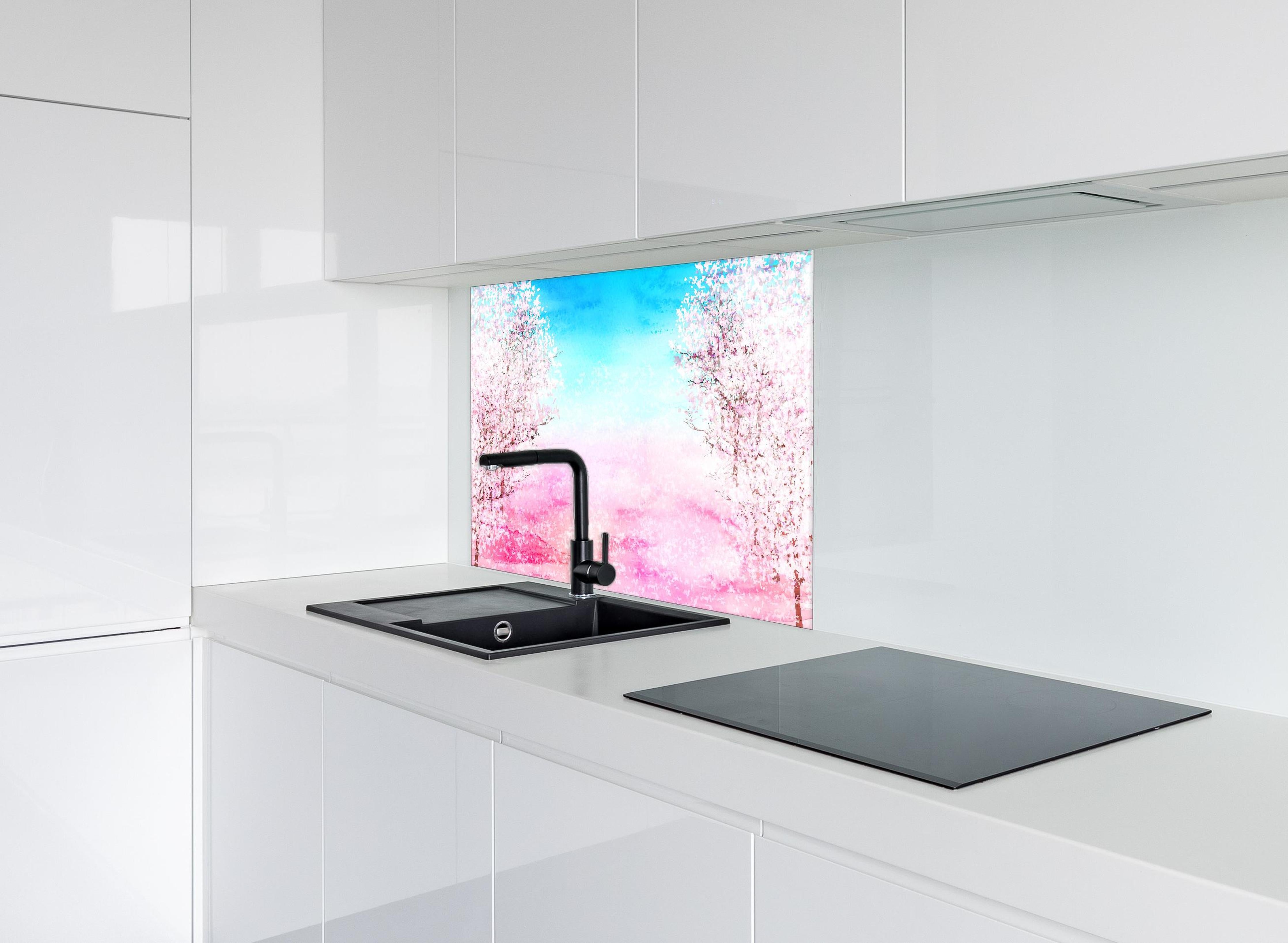 Spritzschutz - Frühlingsbaum Aquarell Rosa-Blau hinter einem Cerankochfeld zwischen Holz-Kochutensilien
