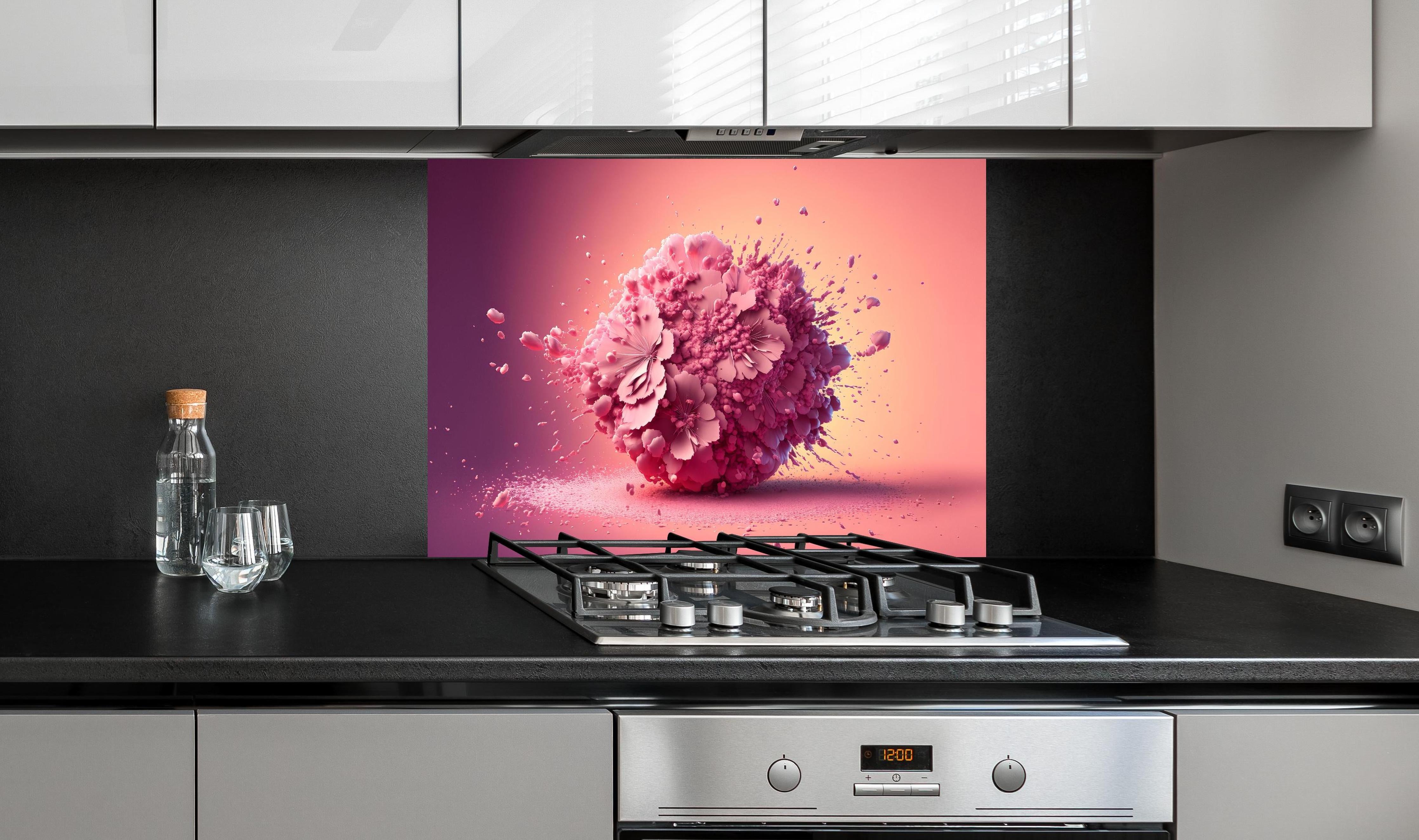 Spritzschutz - Frühlingshaftes Kirschblüten Explosionserlebnis hinter einem Cerankochfeld zwischen Holz-Kochutensilien
