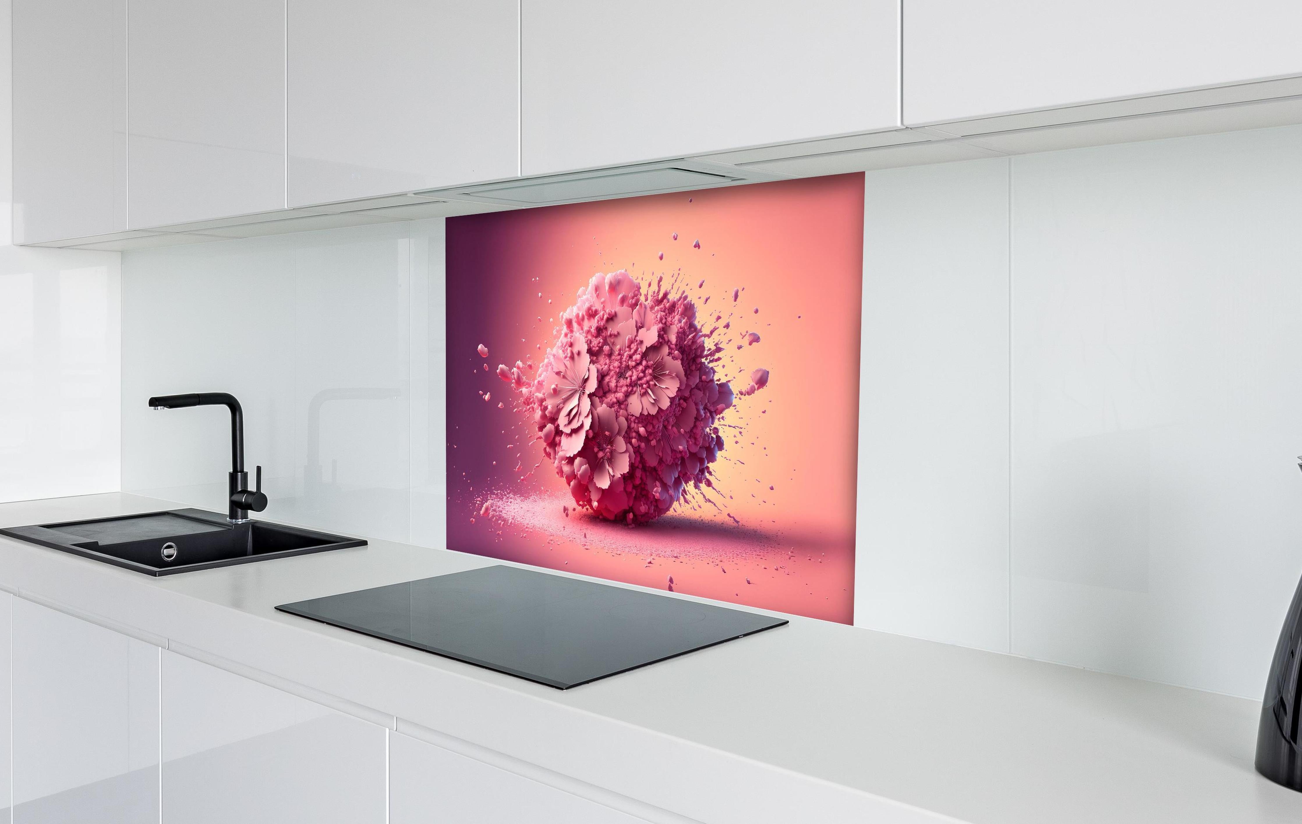 Spritzschutz - Frühlingshaftes Kirschblüten Explosionserlebnis hinter einem Cerankochfeld zwischen Holz-Kochutensilien
