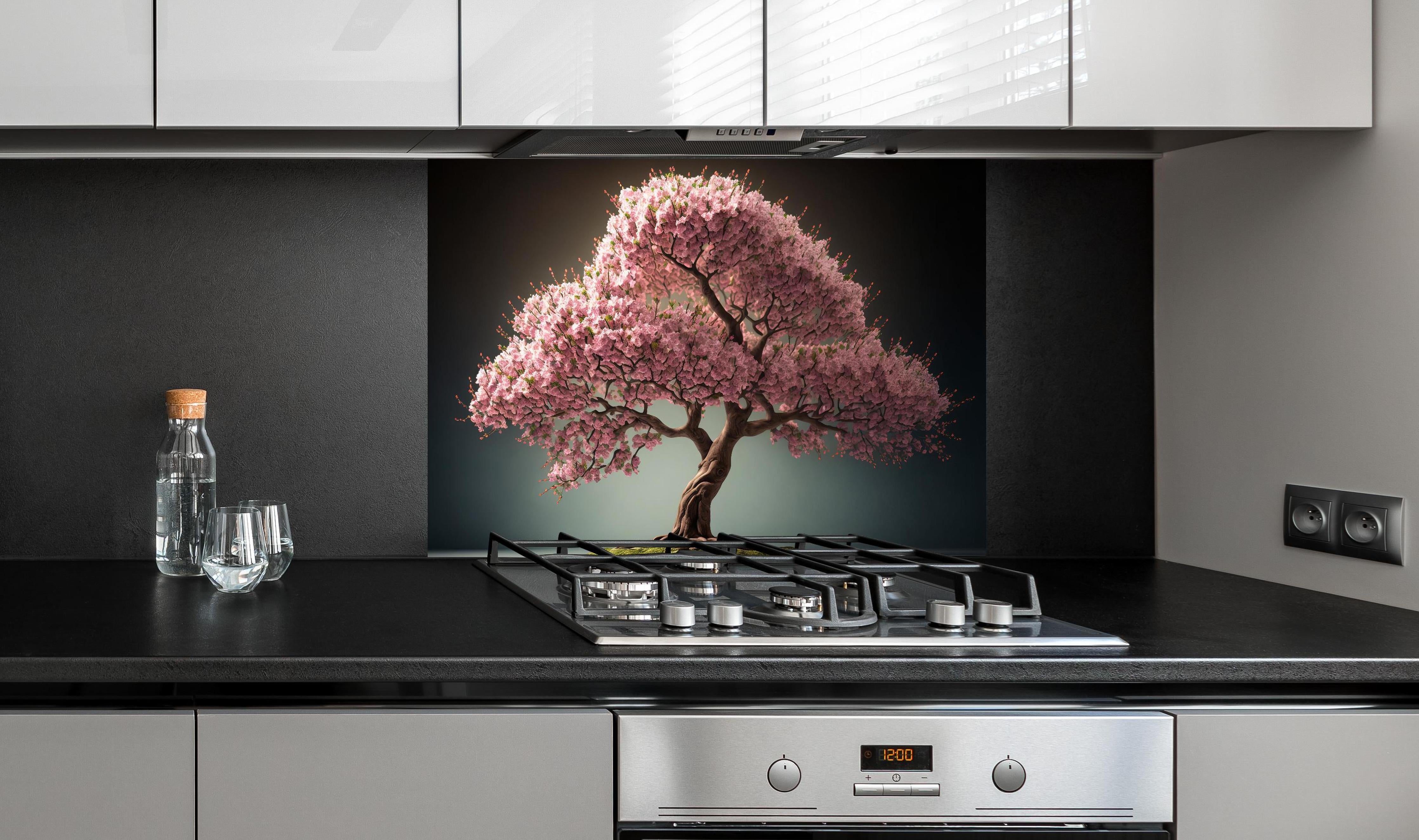Spritzschutz - Frühlingszeit Kirschblüte Sakura Baum - KI generiert hinter einem Cerankochfeld zwischen Holz-Kochutensilien
