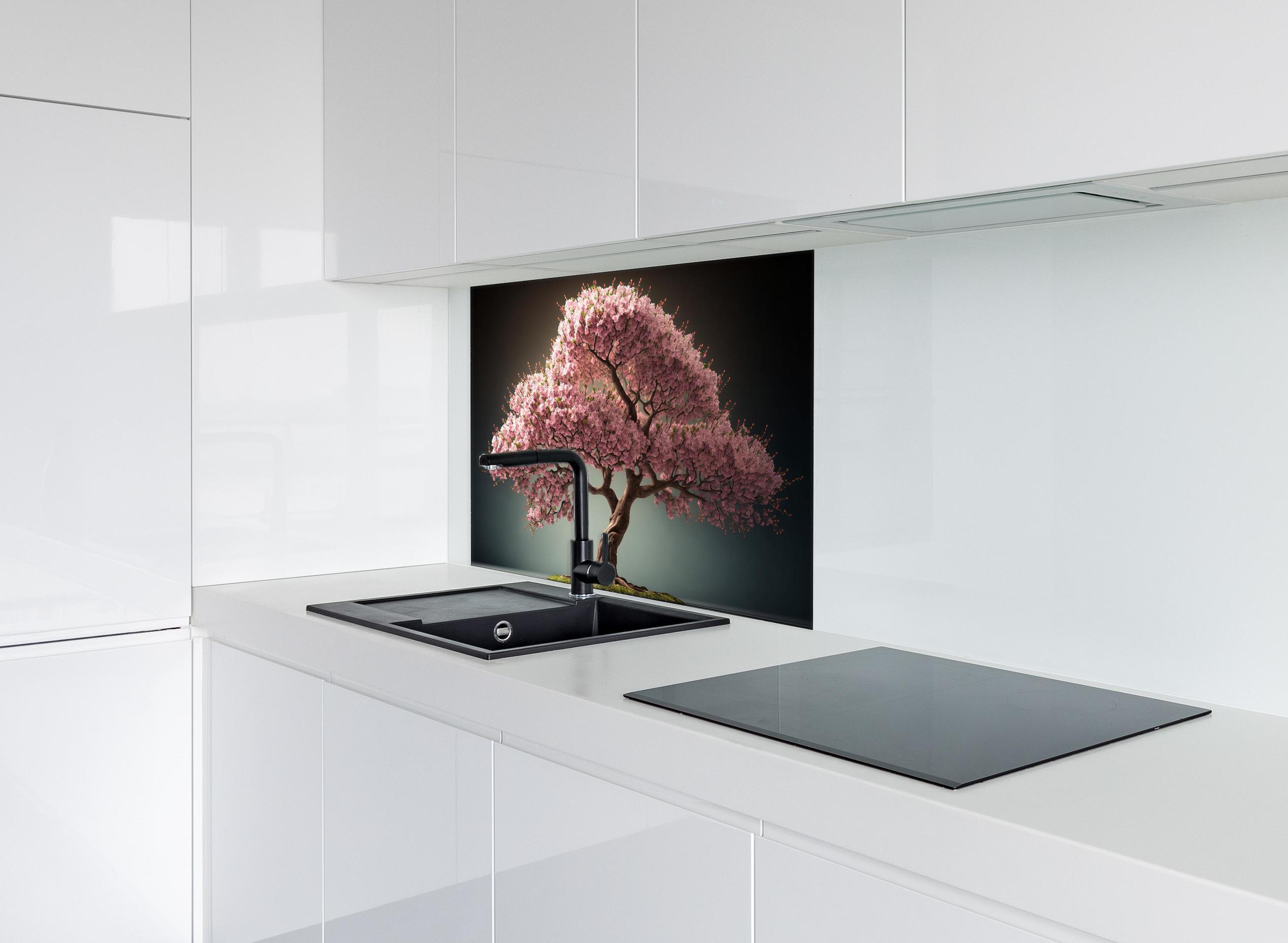 Spritzschutz - Frühlingszeit Kirschblüte Sakura Baum - KI generiert hinter einem Cerankochfeld zwischen Holz-Kochutensilien
