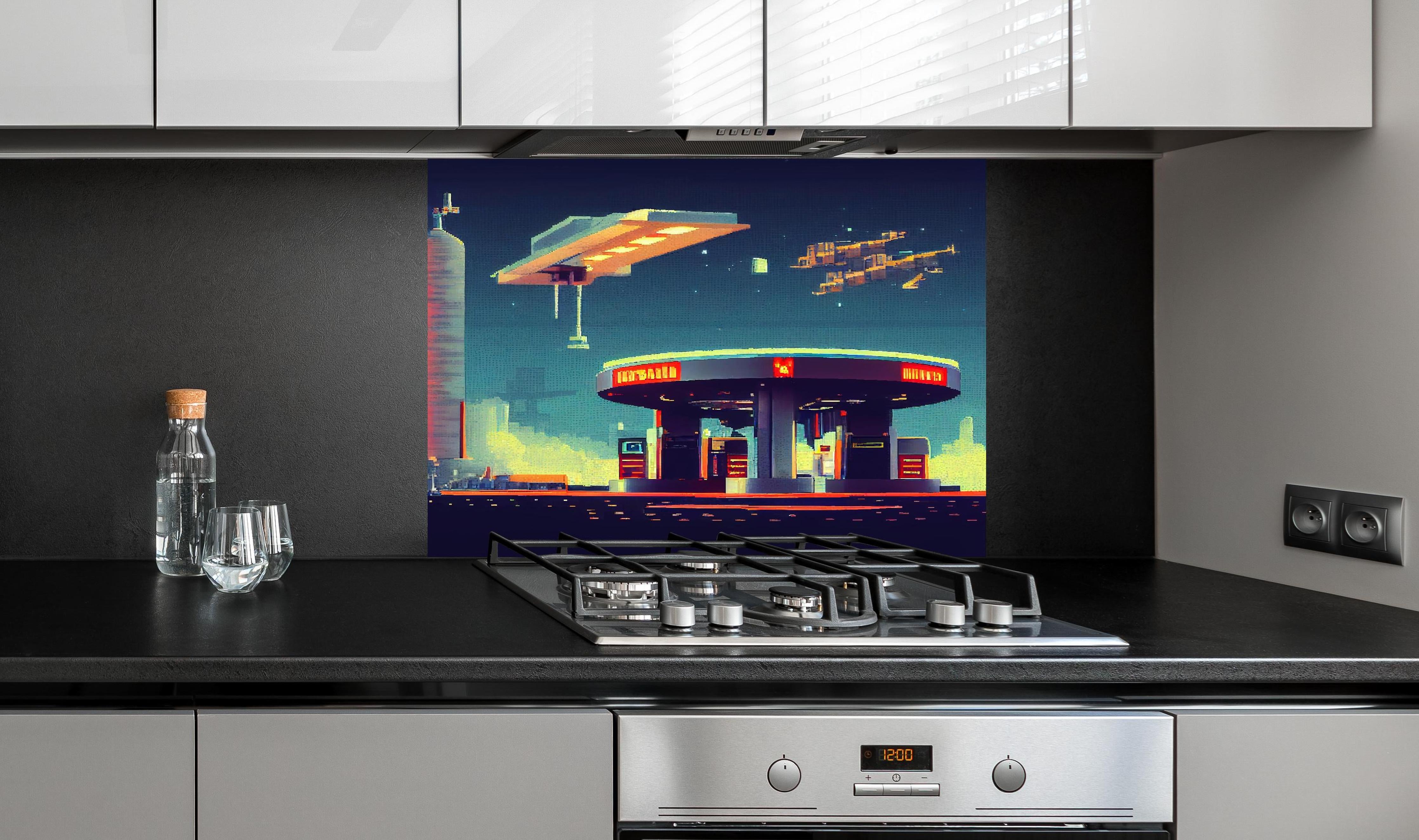 Spritzschutz - Futuristische Illustration einer Cyberpunk-Tankstelle im Pixel-Art-Stil hinter einem Cerankochfeld zwischen Holz-Kochutensilien
