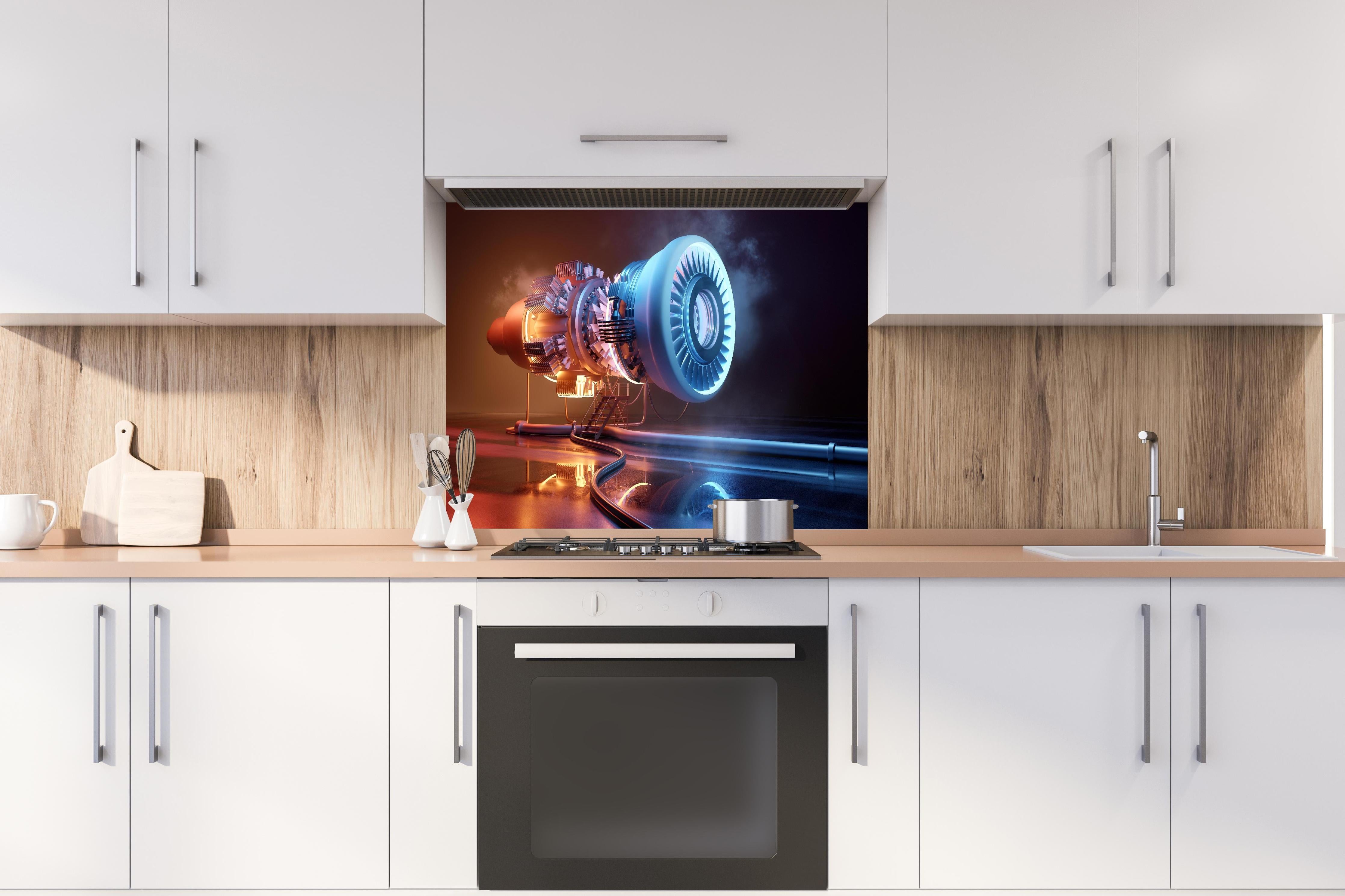 Spritzschutz - Futuristisches Triebwerkskonzept hinter einem Cerankochfeld zwischen Holz-Kochutensilien
