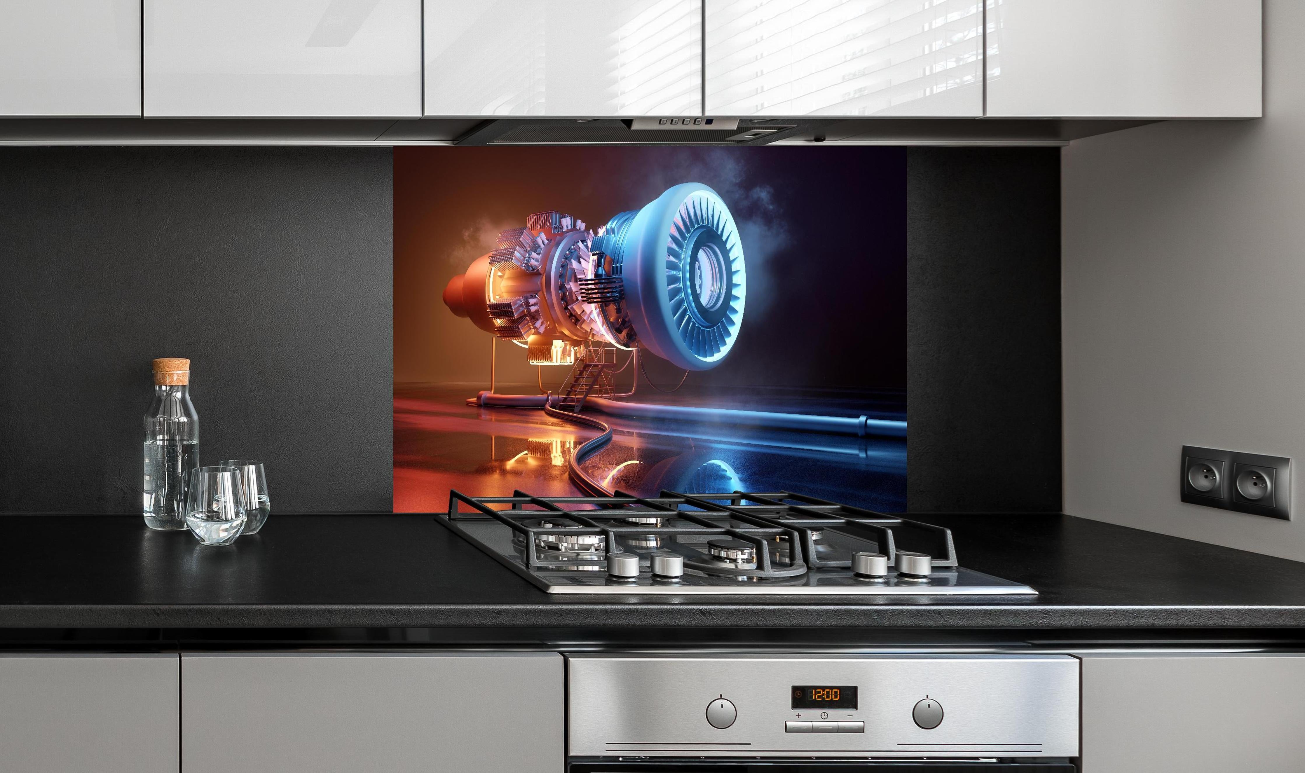 Spritzschutz - Futuristisches Triebwerkskonzept hinter einem Cerankochfeld zwischen Holz-Kochutensilien
