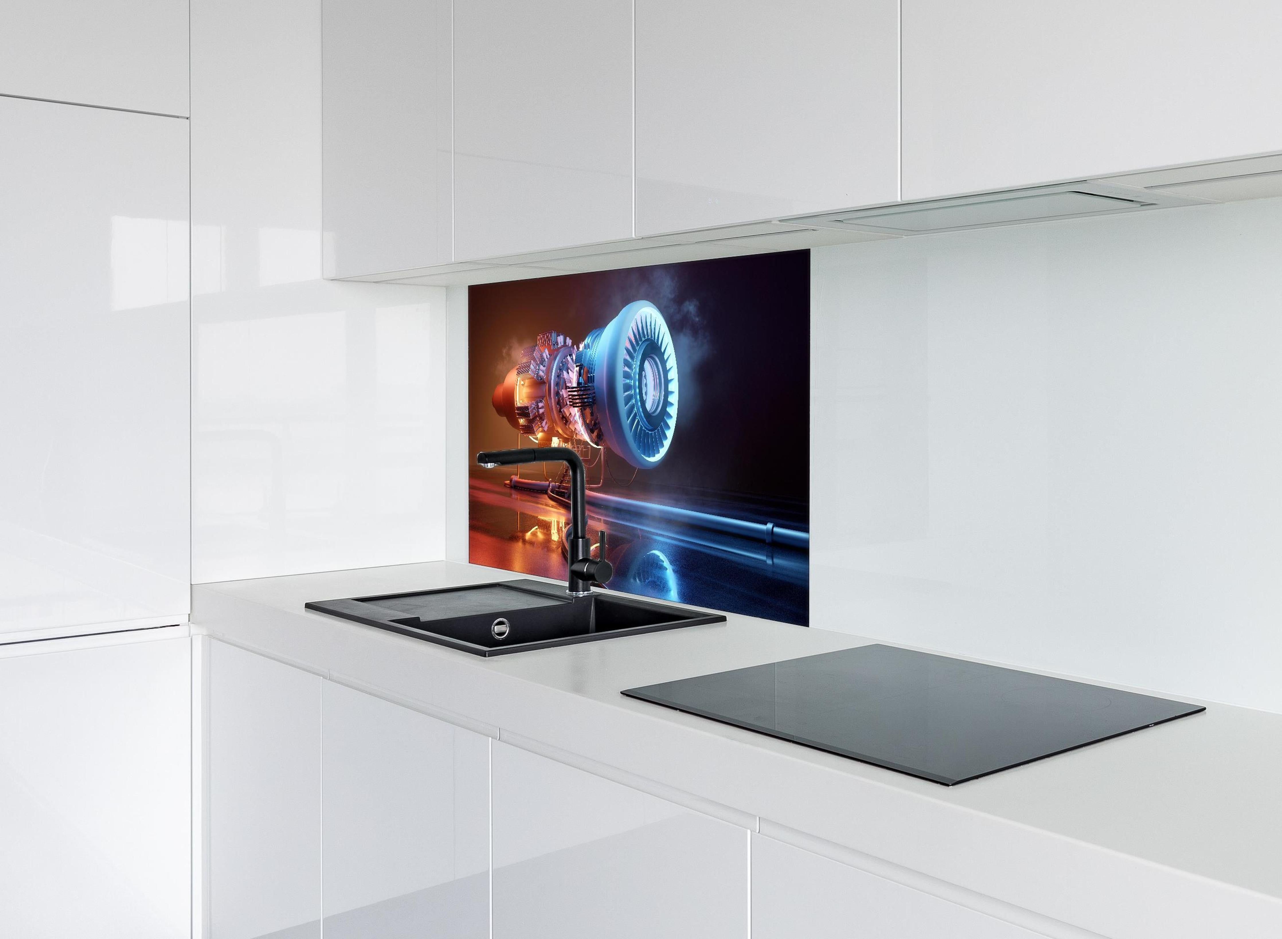 Spritzschutz - Futuristisches Triebwerkskonzept hinter einem Cerankochfeld zwischen Holz-Kochutensilien
