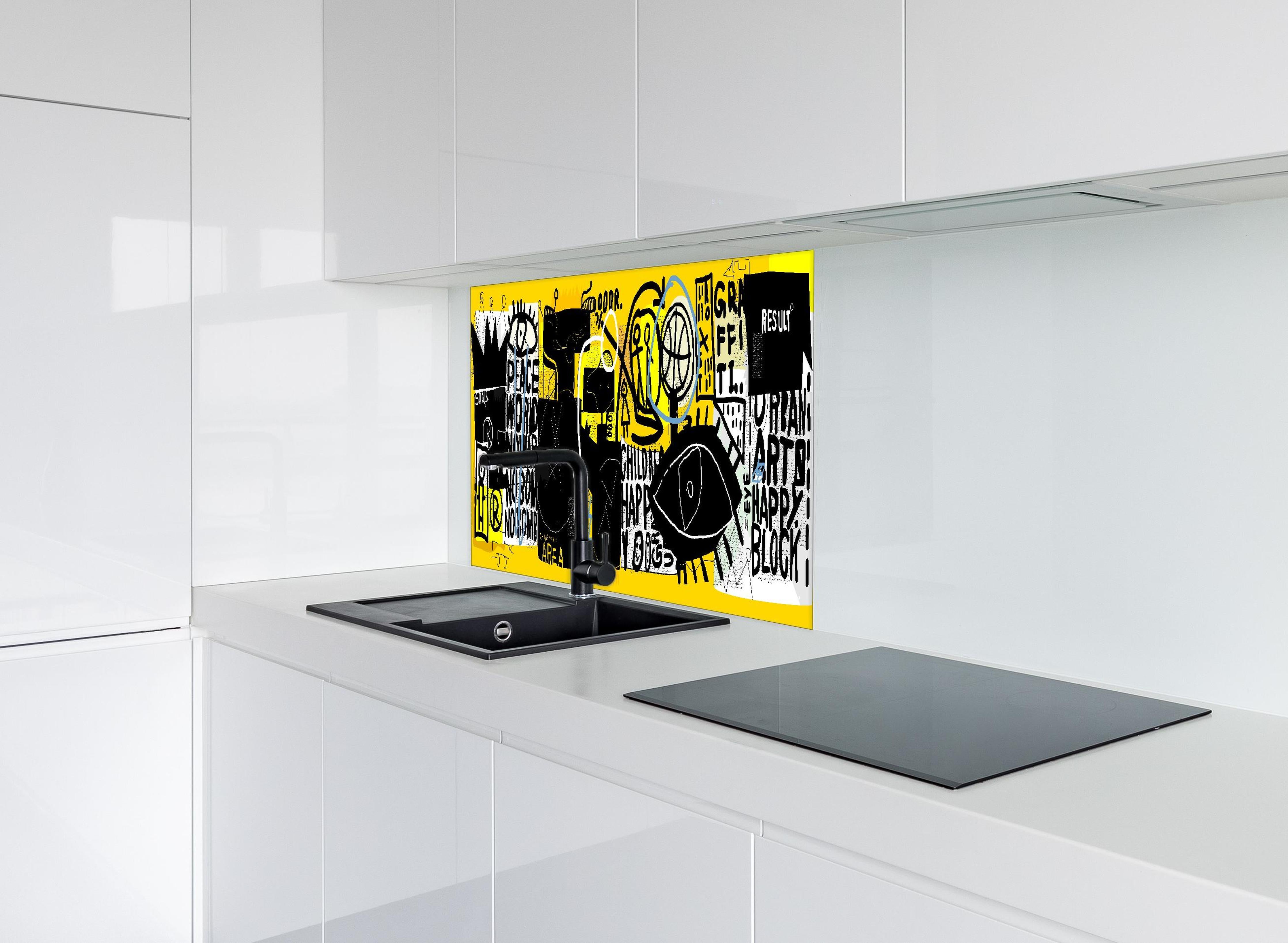 Spritzschutz - Gelb-Schwarze Street Art Illustration hinter einem Cerankochfeld zwischen Holz-Kochutensilien
