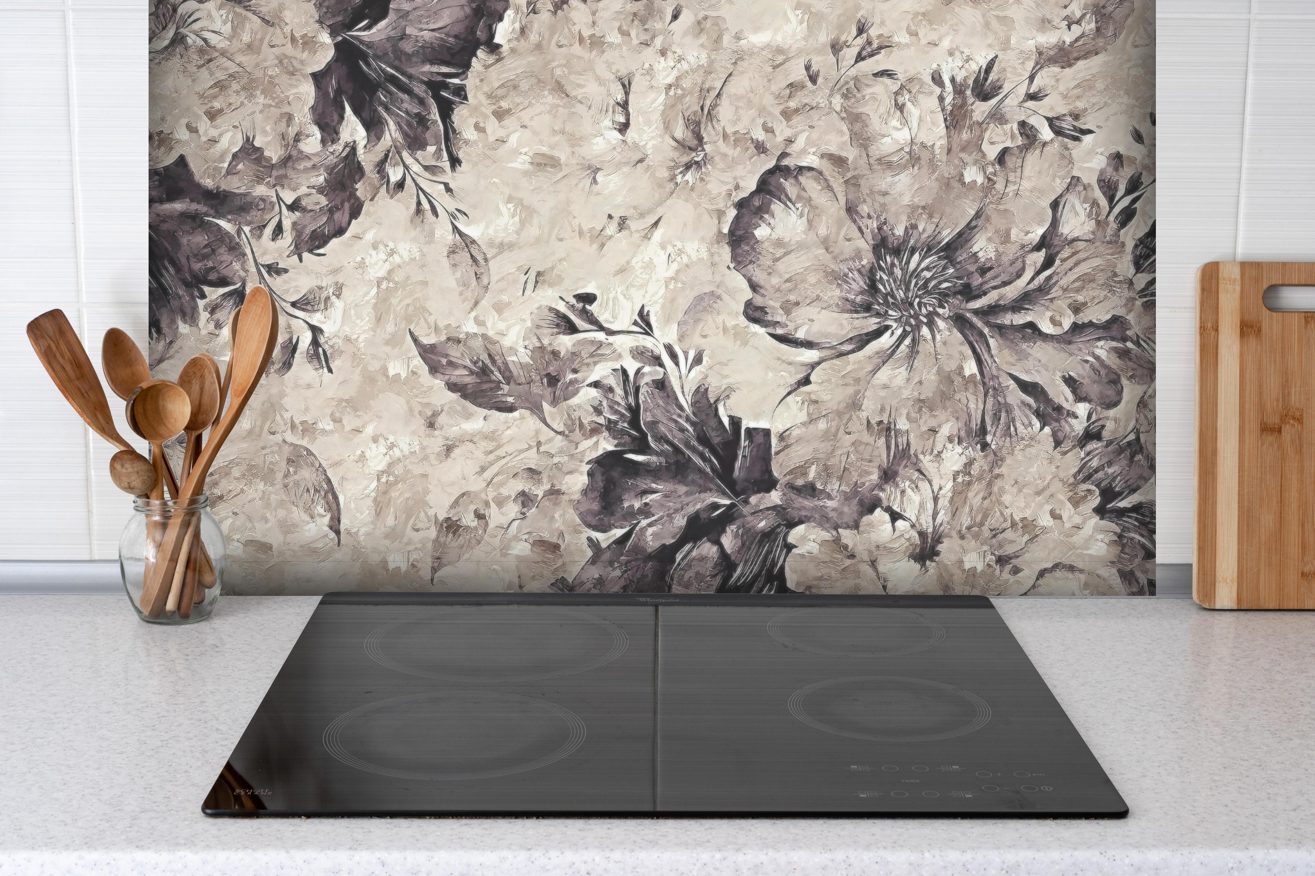 Spritzschutz - Gemälde - Büsche hinter einem Cerankochfeld zwischen Holz-Kochutensilien
