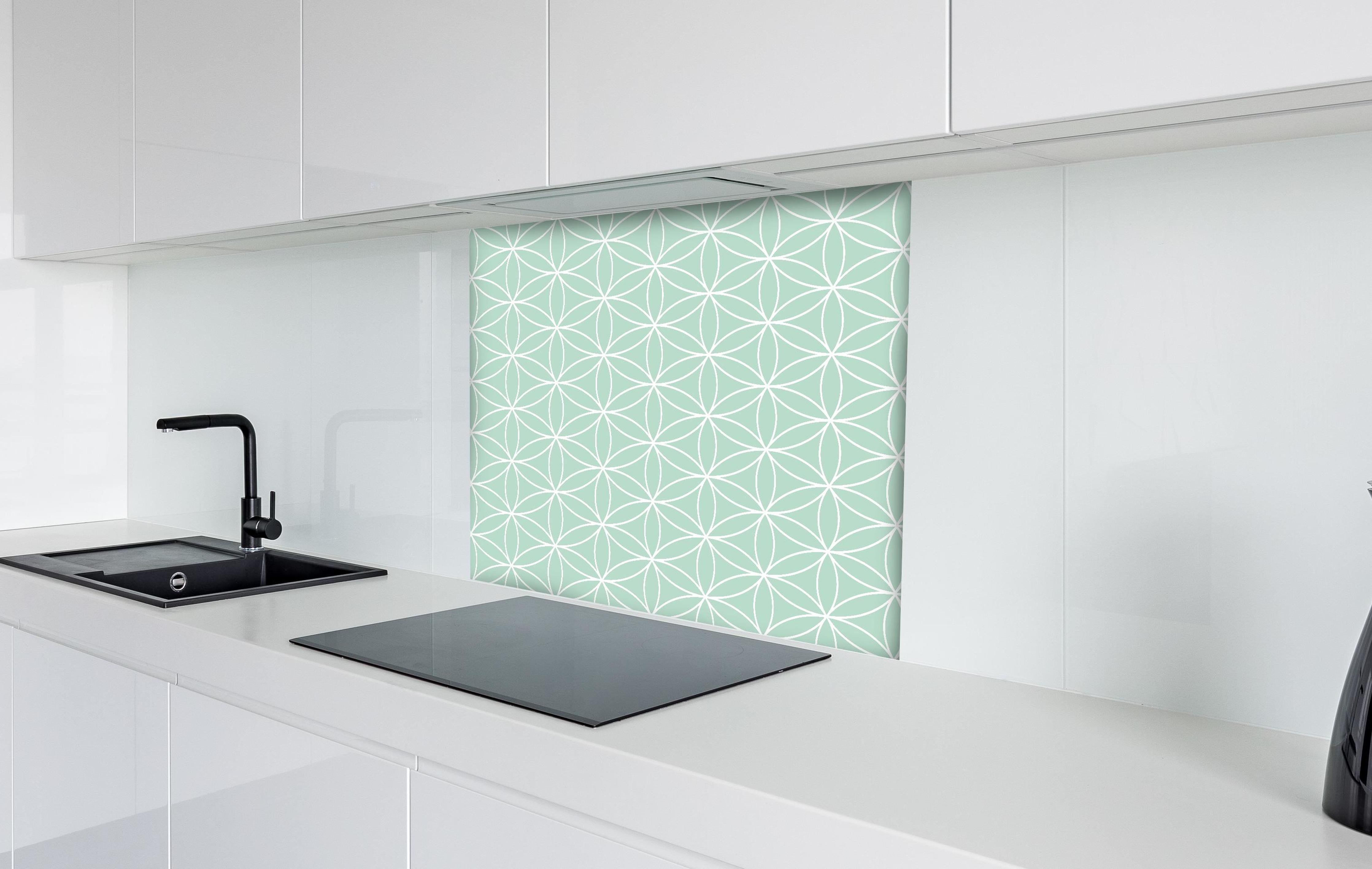 Spritzschutz - Geometrica Fiori Menta hinter einem Cerankochfeld zwischen Holz-Kochutensilien

