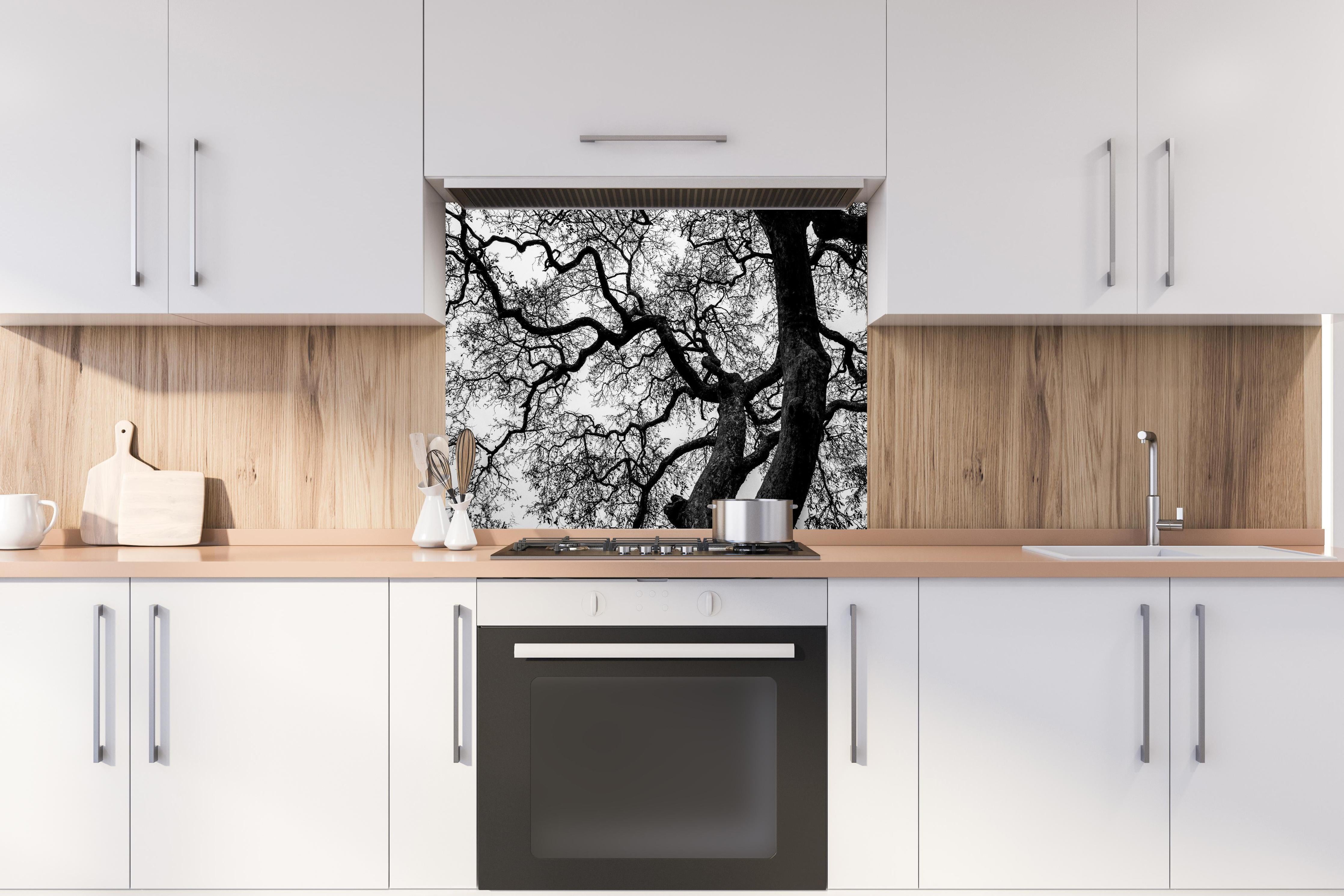 Spritzschutz - Geometrische Baumäste Monochrom Kunst hinter einem Cerankochfeld zwischen Holz-Kochutensilien
