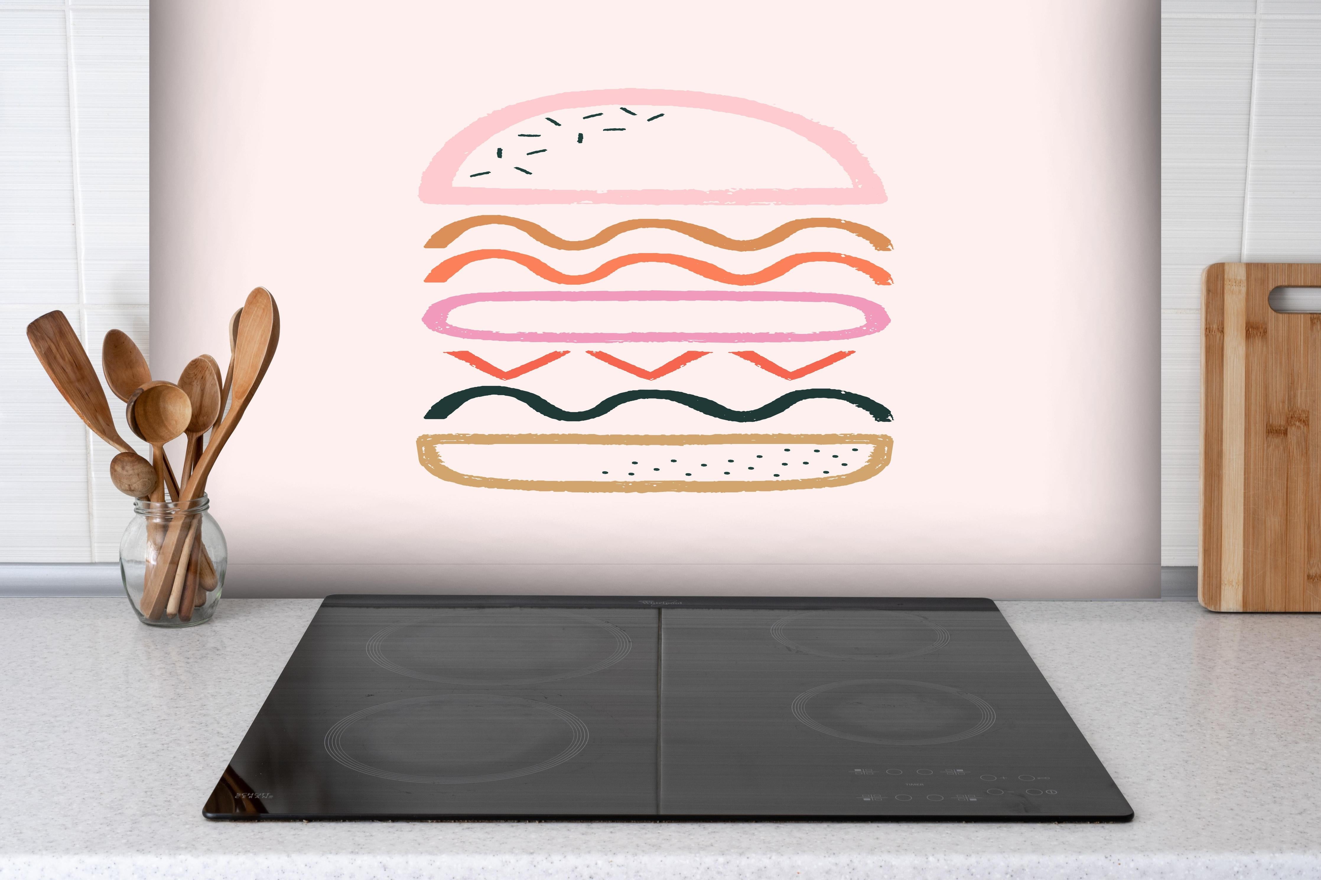 Spritzschutz - Geometrischer Hamburger in Pastellfarben Illustration hinter einem Cerankochfeld zwischen Holz-Kochutensilien
