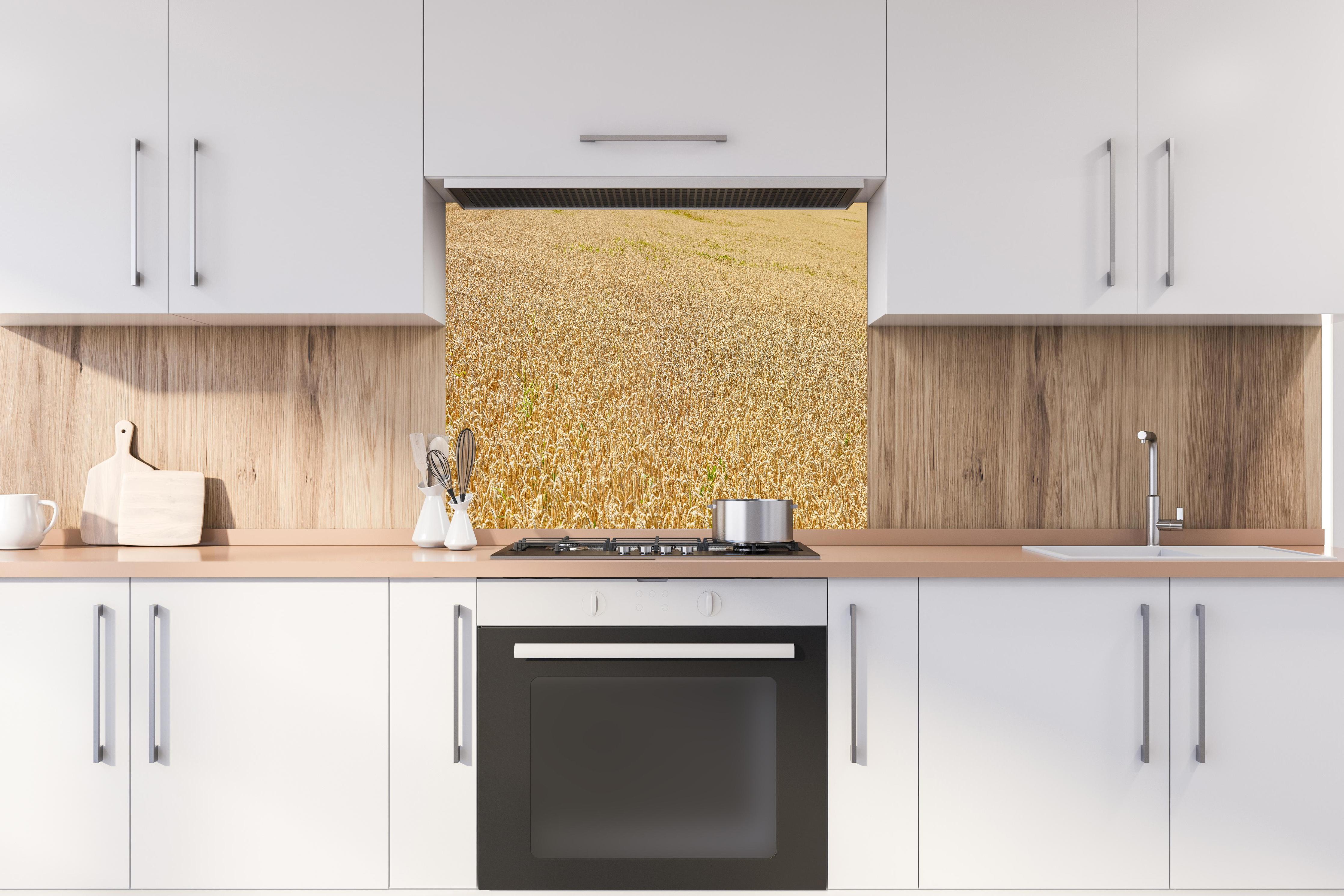 Spritzschutz - Getreidefeld - Panoramabild hinter einem Cerankochfeld zwischen Holz-Kochutensilien
