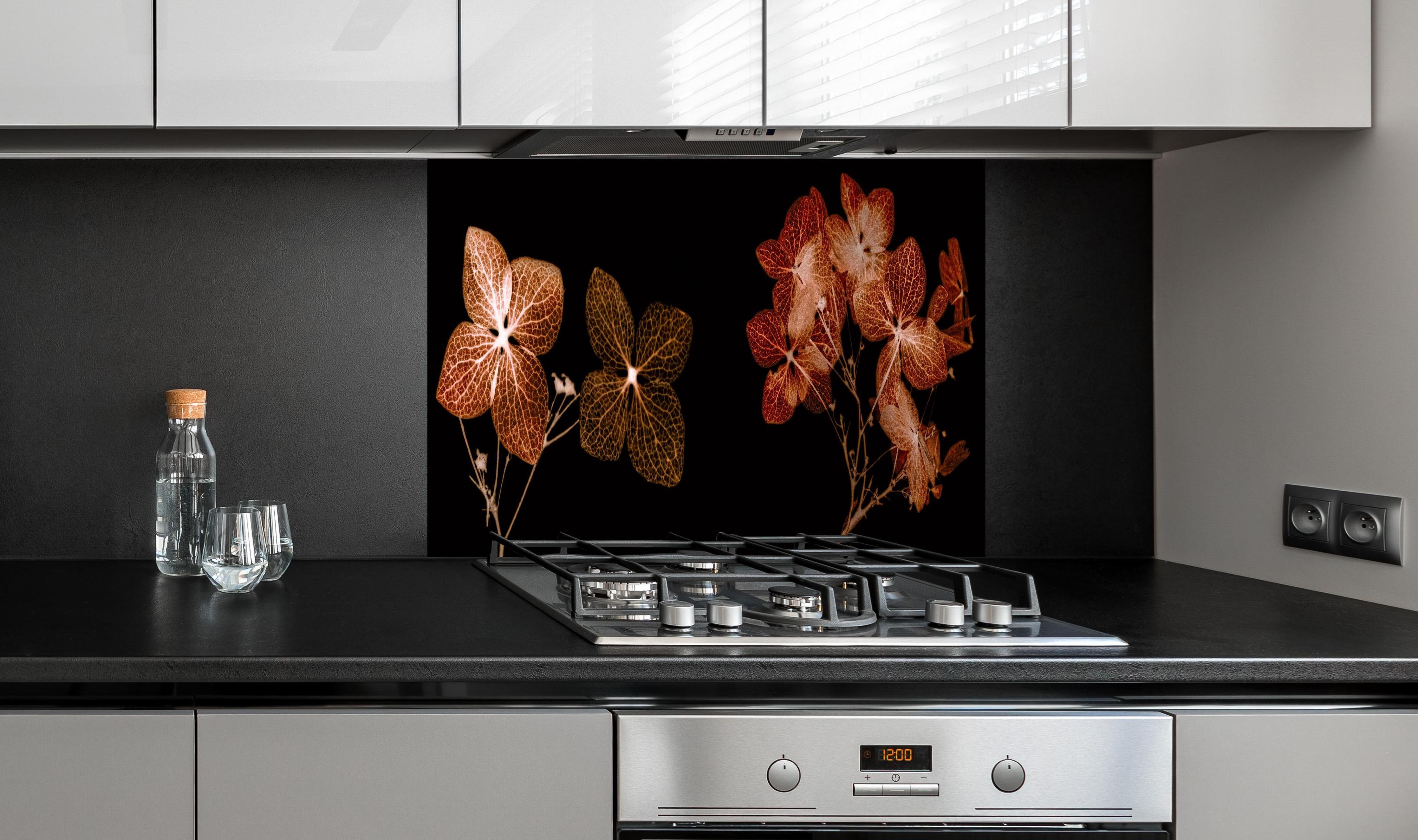 Spritzschutz - Getrocknete Hortensien Nahaufnahme auf Weiß hinter einem Cerankochfeld zwischen Holz-Kochutensilien
