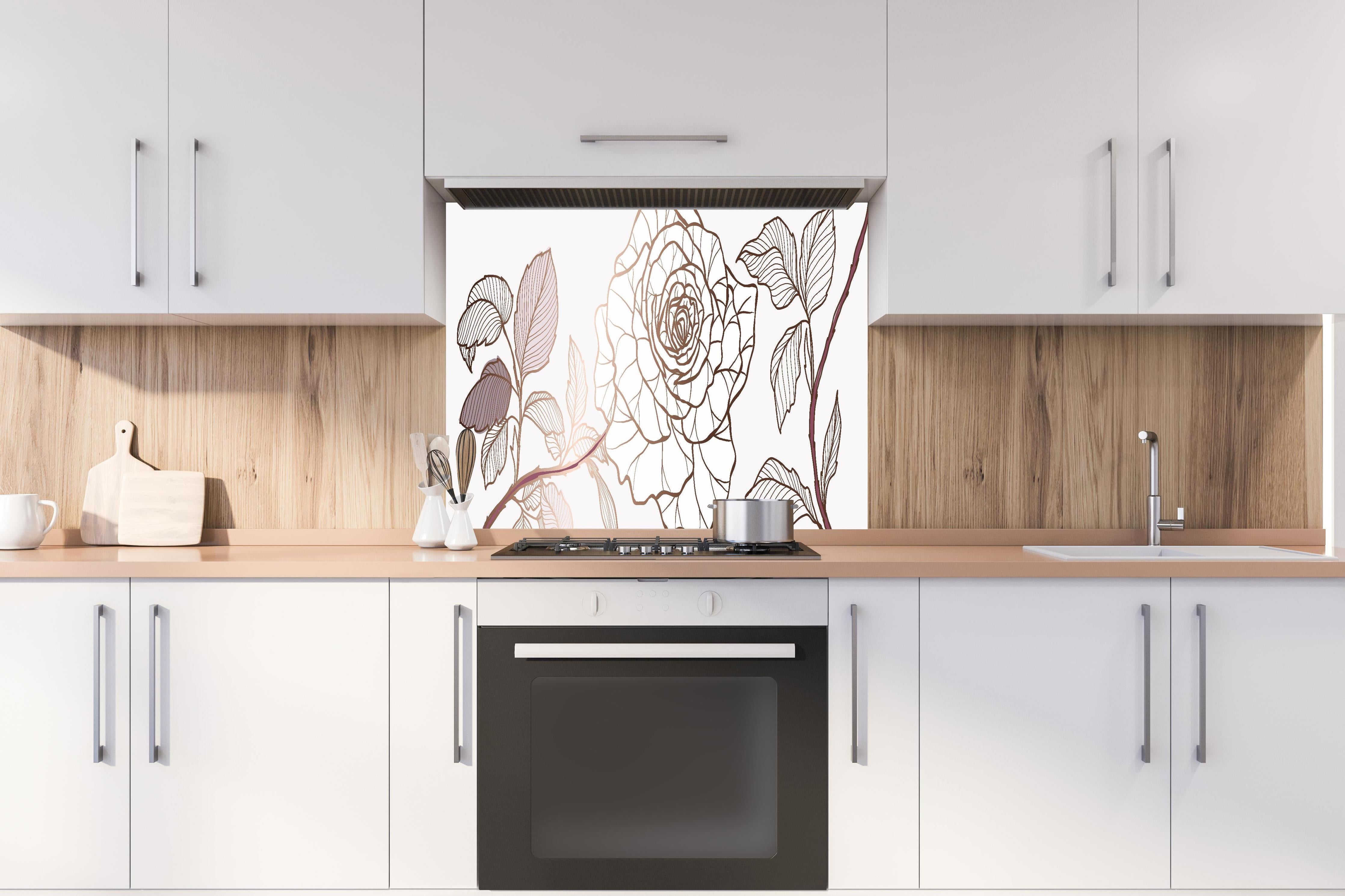 Spritzschutz - Gezeichnete Sepia Rose mit Linienkunst hinter einem Cerankochfeld zwischen Holz-Kochutensilien

