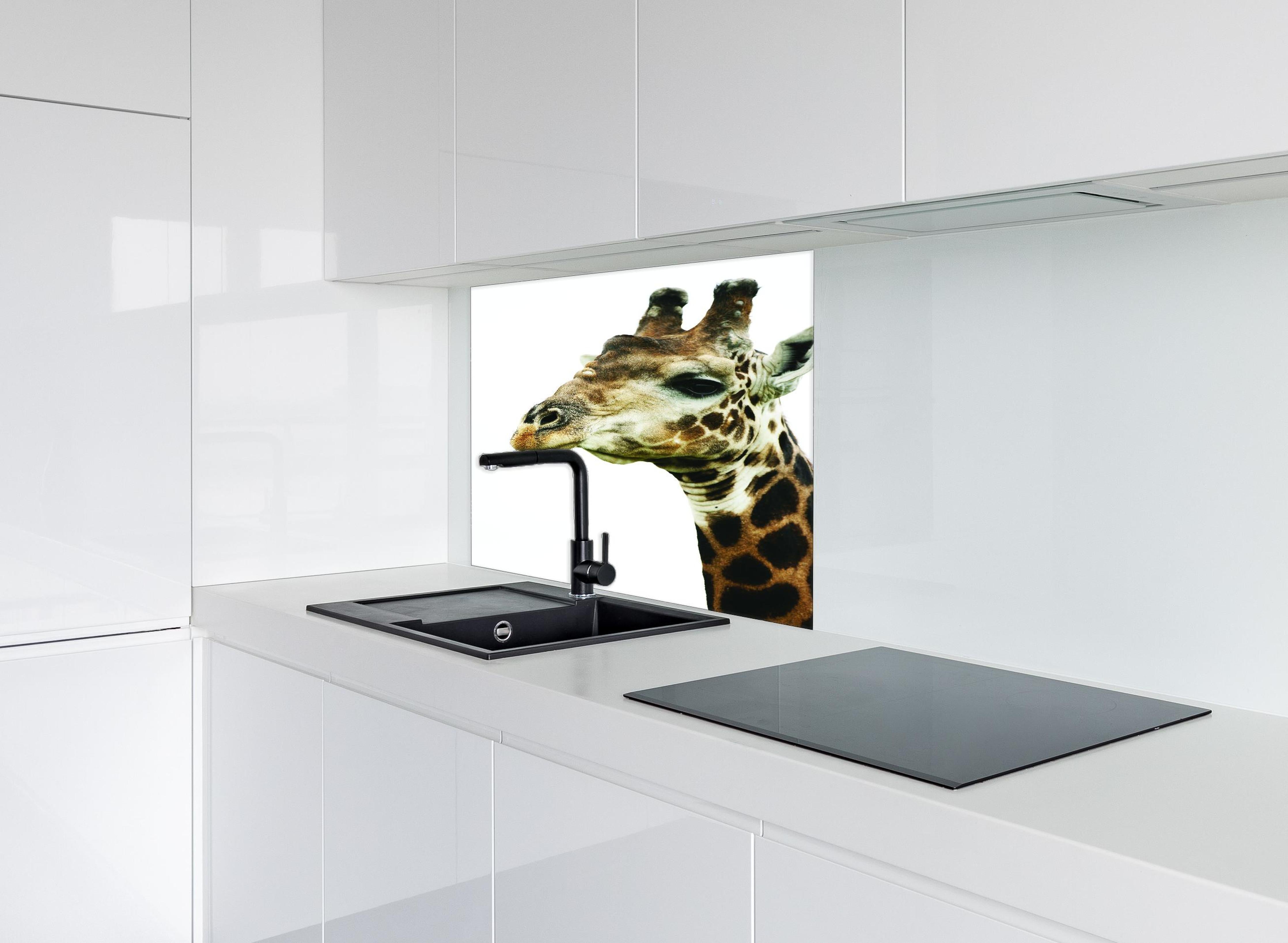 Spritzschutz - Giraffe - Nahaufnahme hinter einem Cerankochfeld zwischen Holz-Kochutensilien
