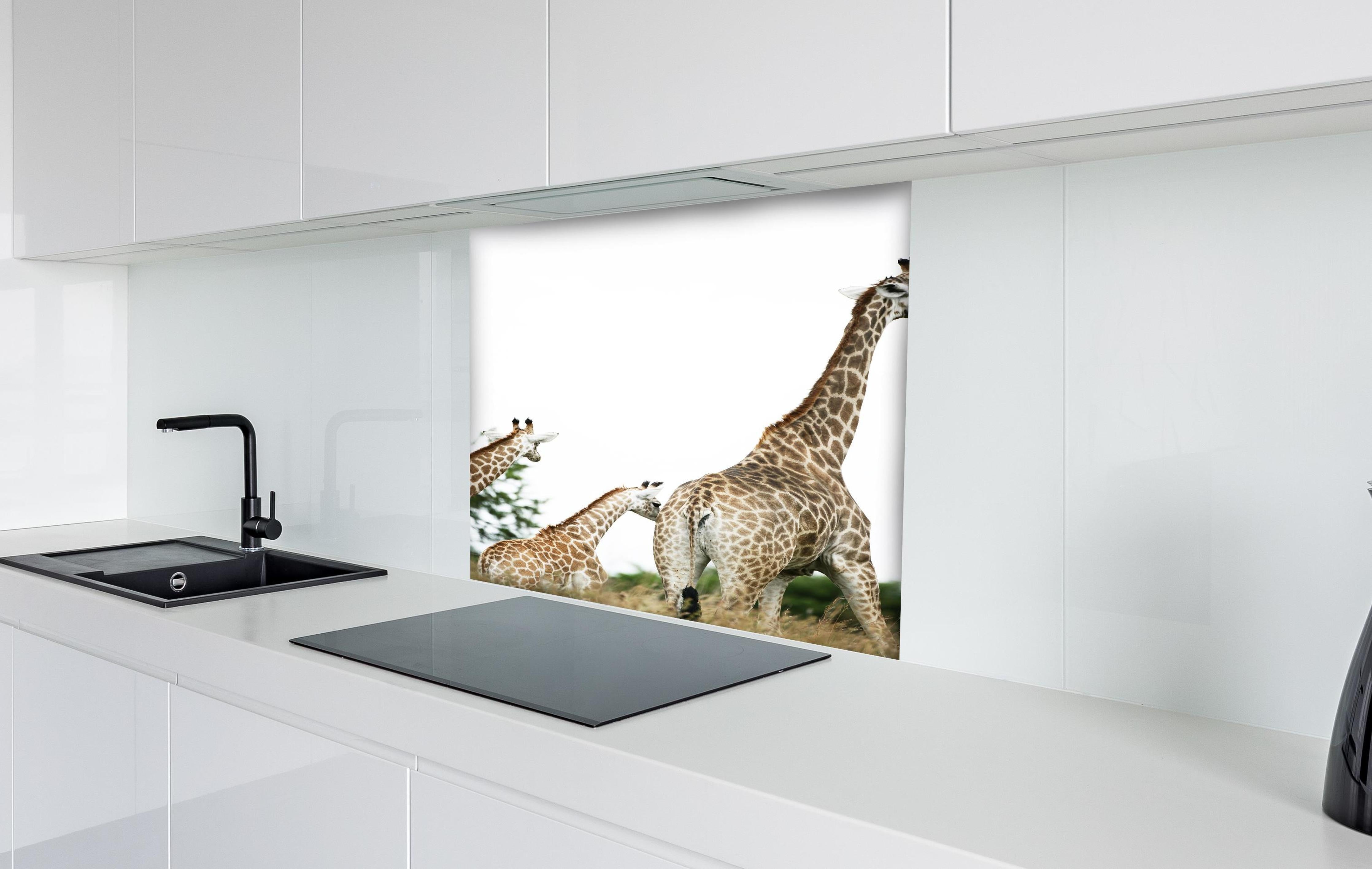 Spritzschutz - Giraffen Familie - hell hinter einem Cerankochfeld zwischen Holz-Kochutensilien
