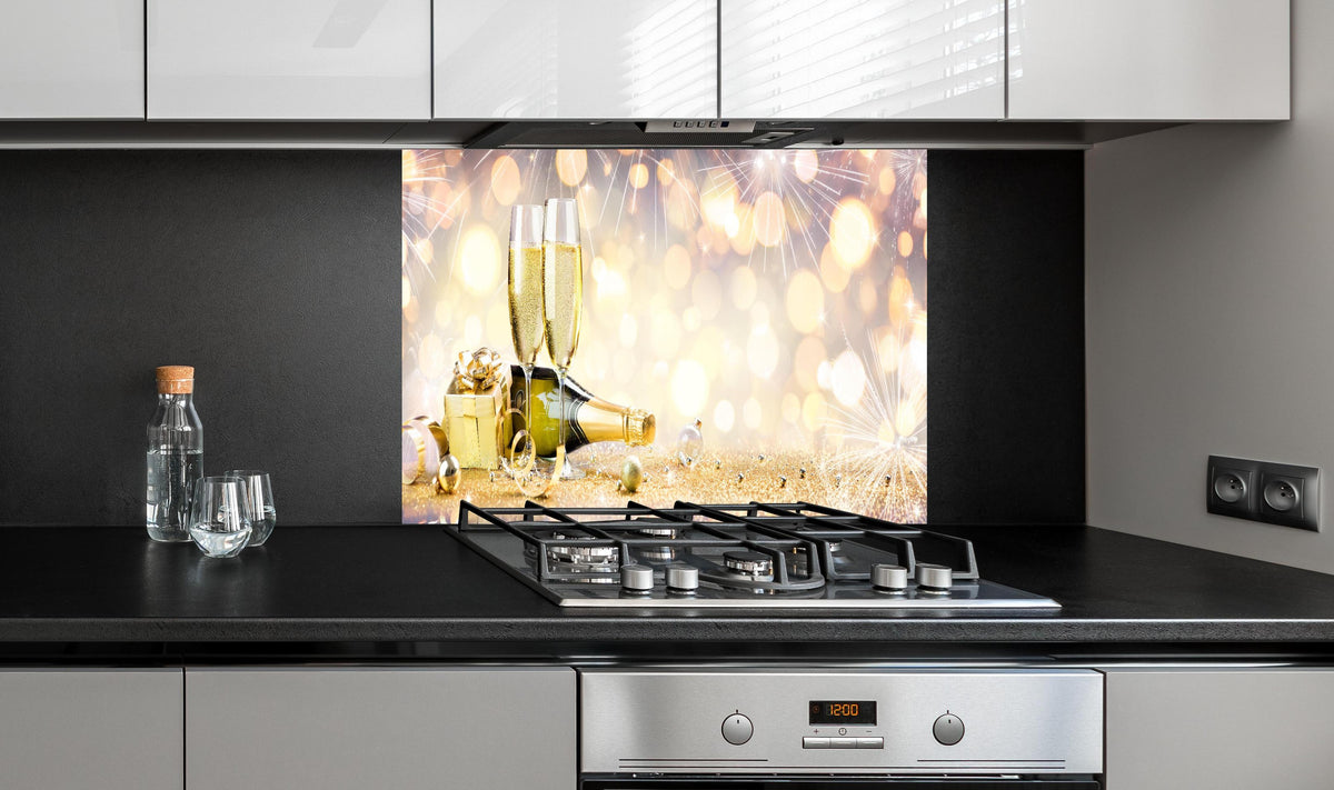 Spritzschutz - Glamouröse Gold-Champagner-Feier hinter einem Cerankochfeld zwischen Holz-Kochutensilien
