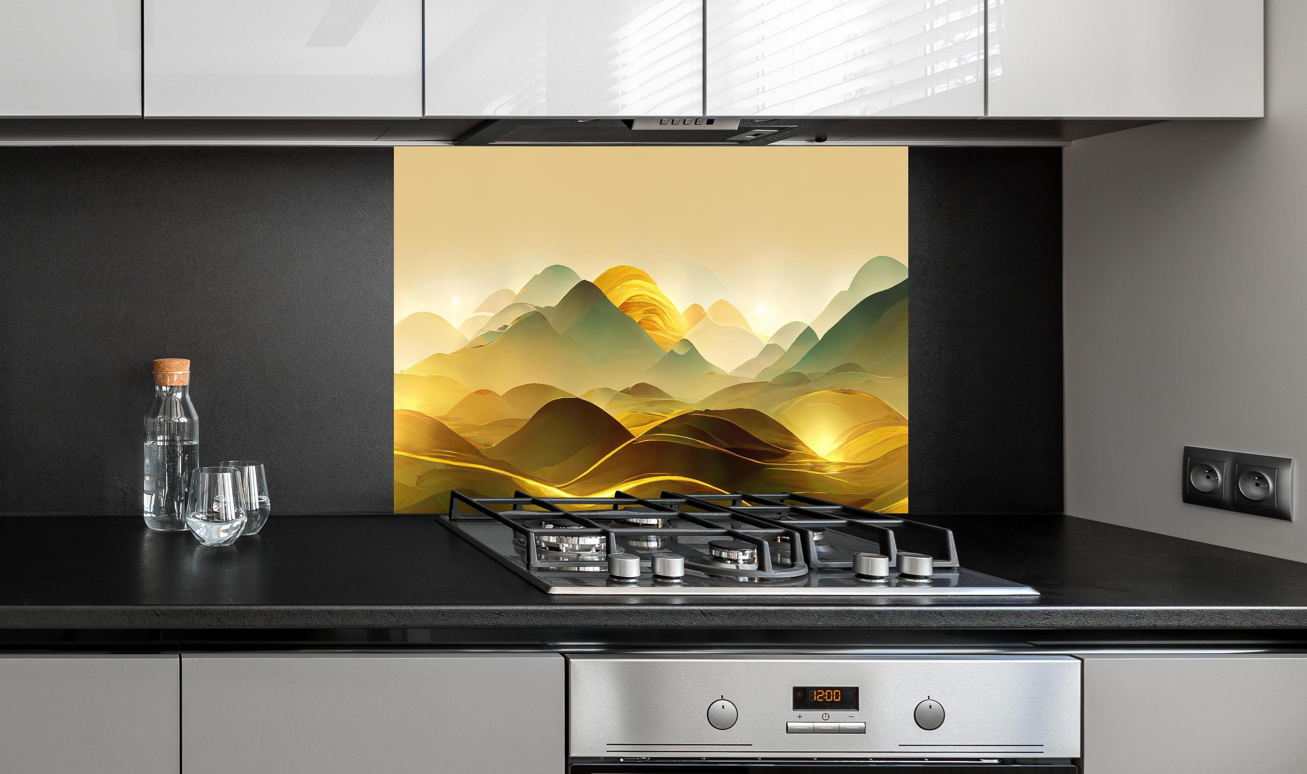 Spritzschutz - Goldene Wüste - Illustration   hinter einem Cerankochfeld zwischen Holz-Kochutensilien
