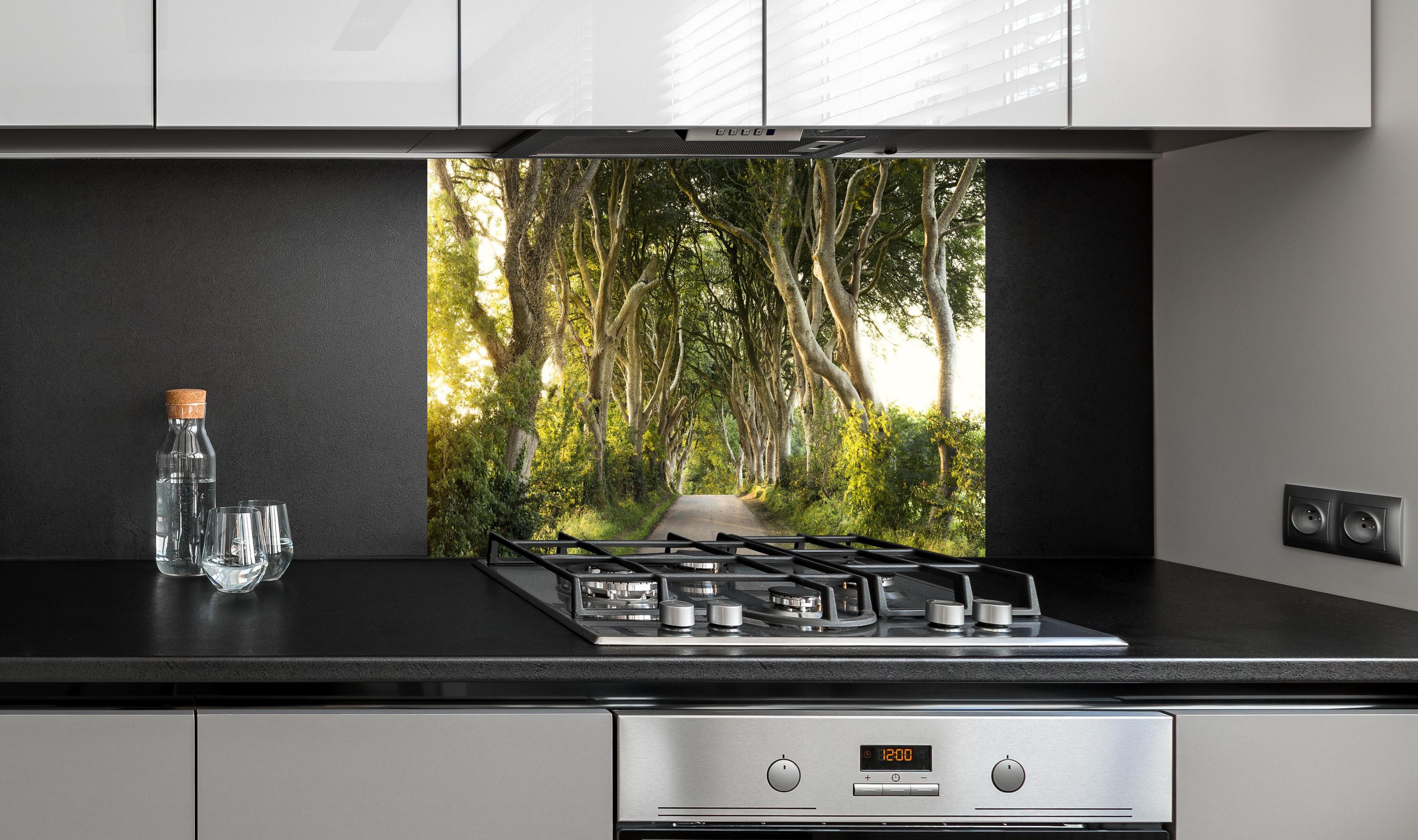 Spritzschutz - Goldener Weg im Wald hinter einem Cerankochfeld zwischen Holz-Kochutensilien
