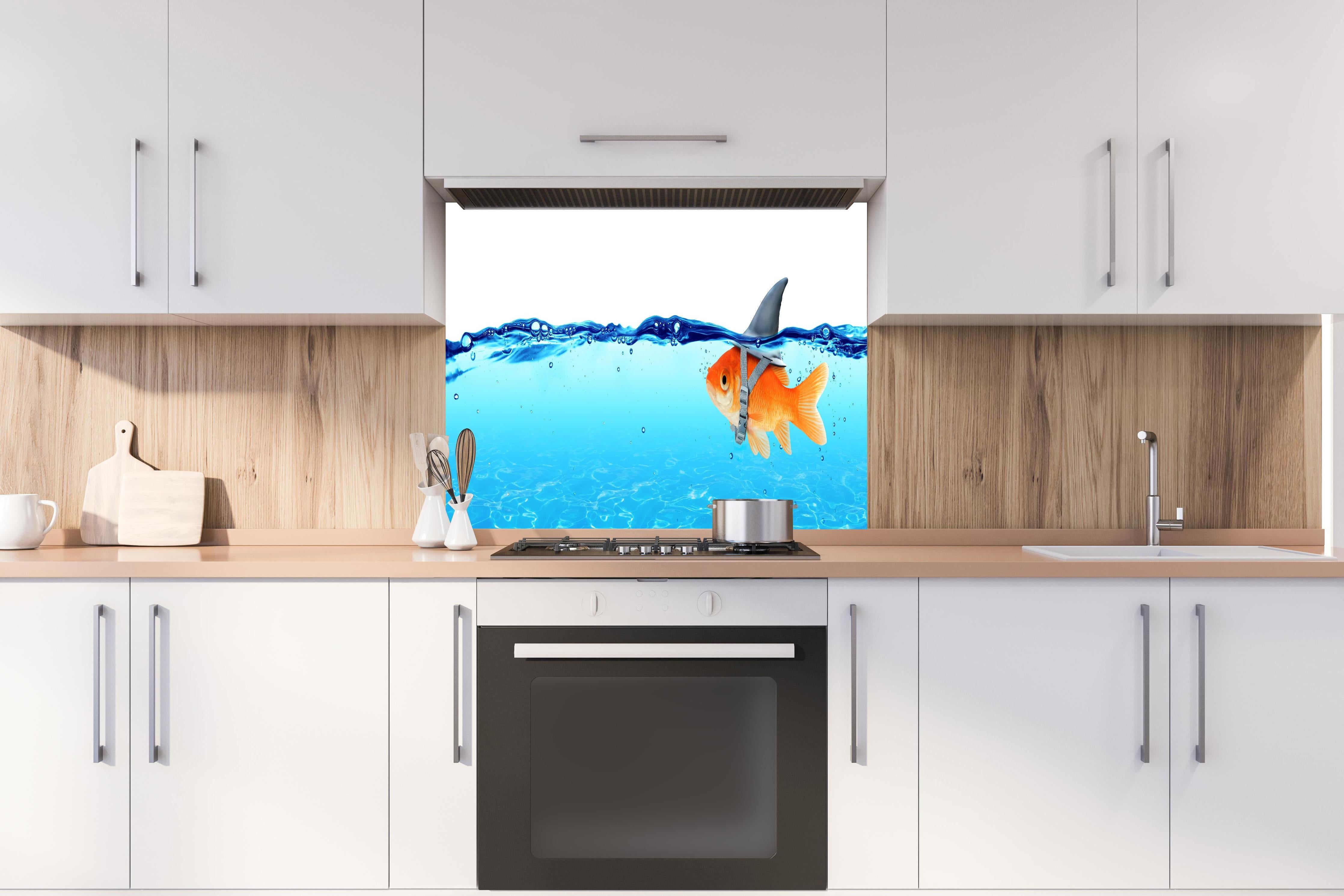 Spritzschutz - Goldfisch als Hai hinter einem Cerankochfeld zwischen Holz-Kochutensilien
