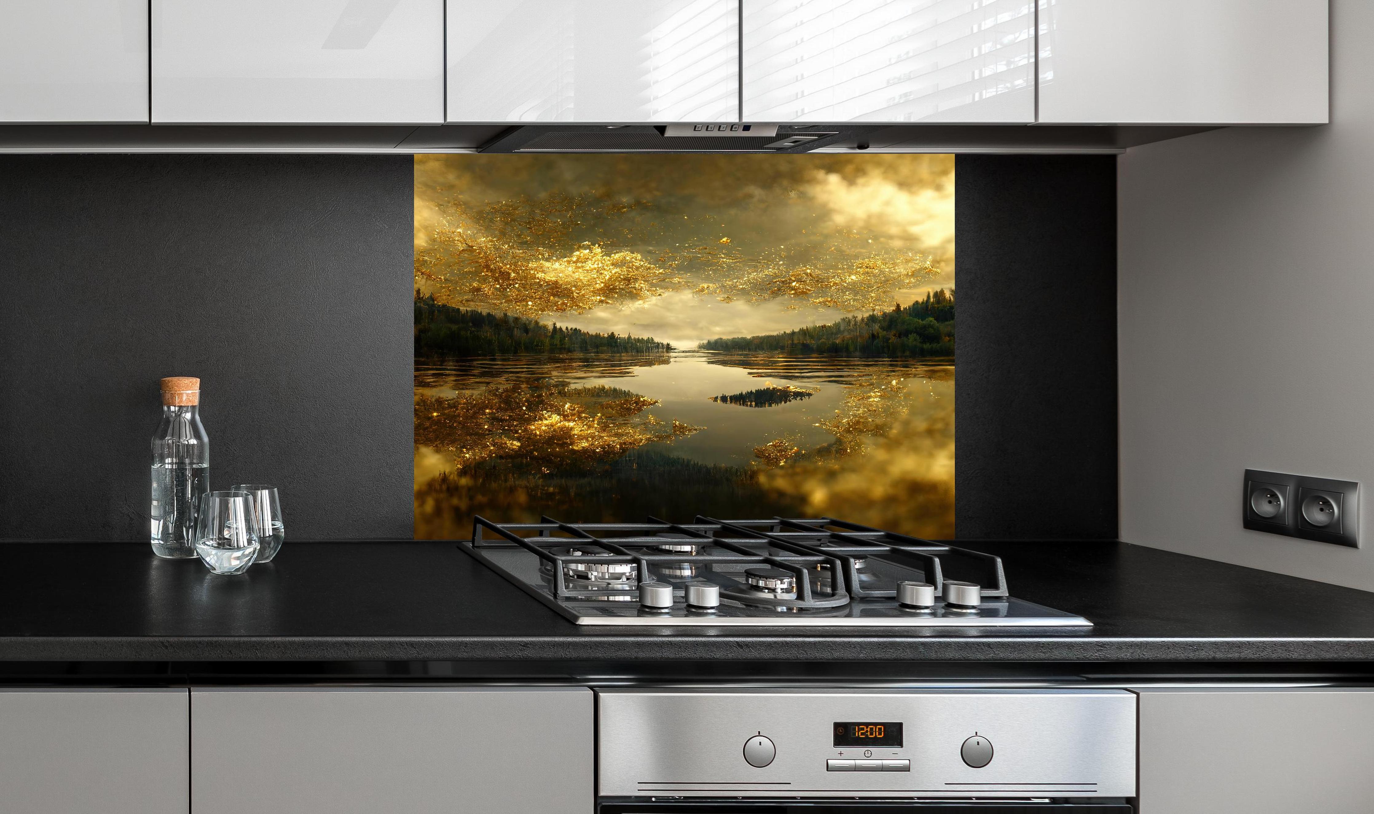 Spritzschutz - Goldstaub über Fluss hinter einem Cerankochfeld zwischen Holz-Kochutensilien
