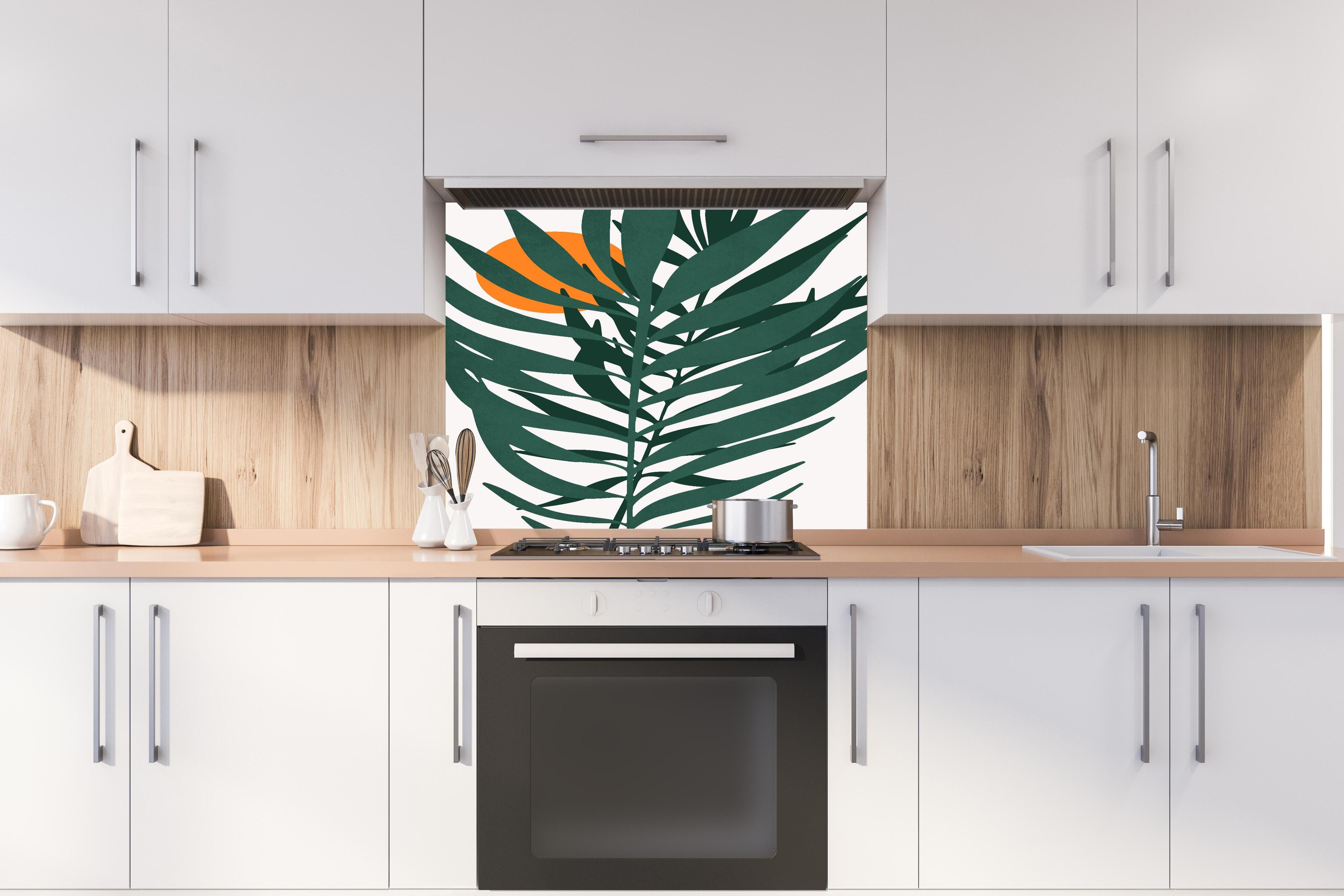 Spritzschutz - Grafik einer Pflanze  hinter einem Cerankochfeld zwischen Holz-Kochutensilien
