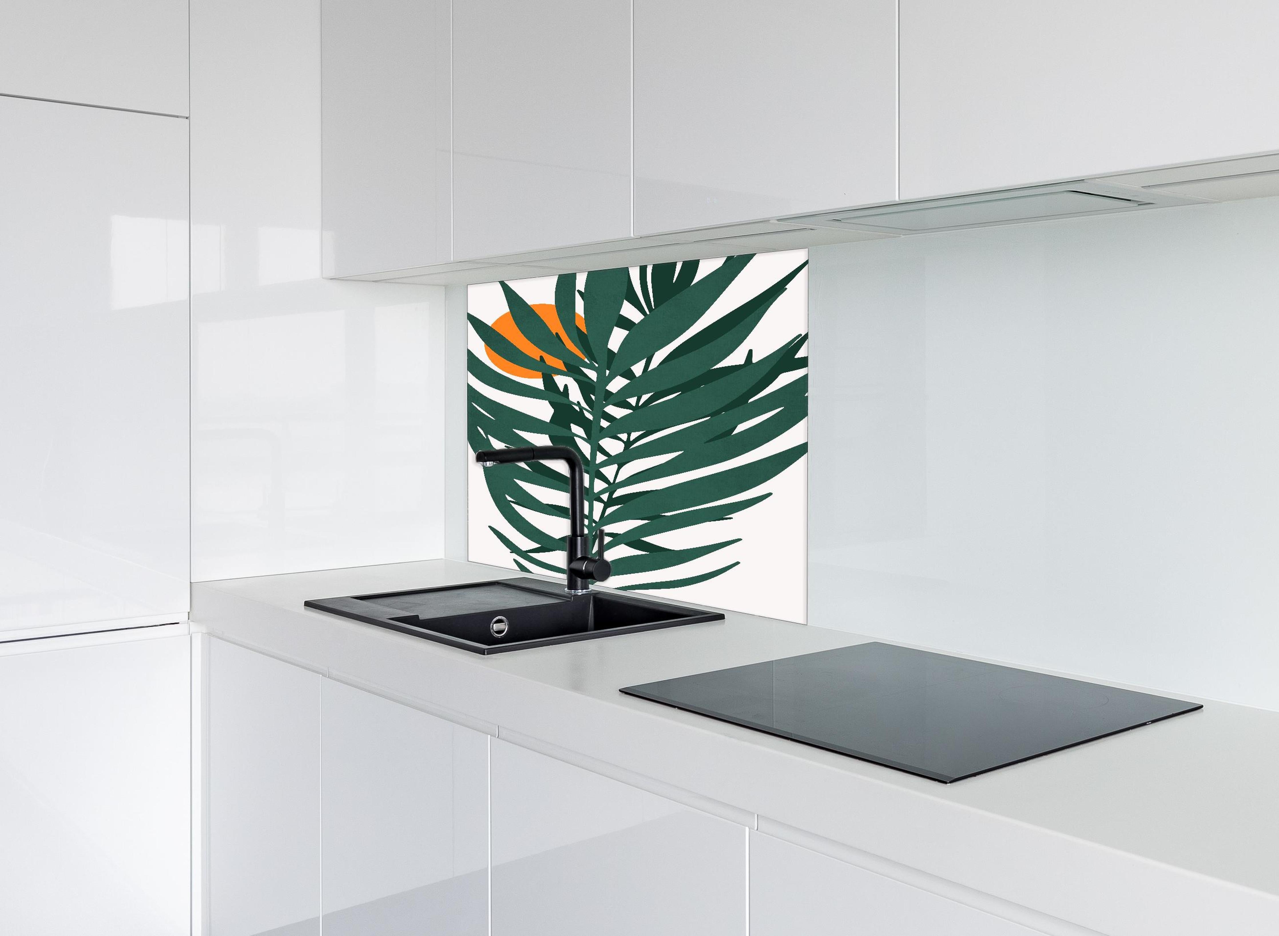 Spritzschutz - Grafik einer Pflanze  hinter einem Cerankochfeld zwischen Holz-Kochutensilien
