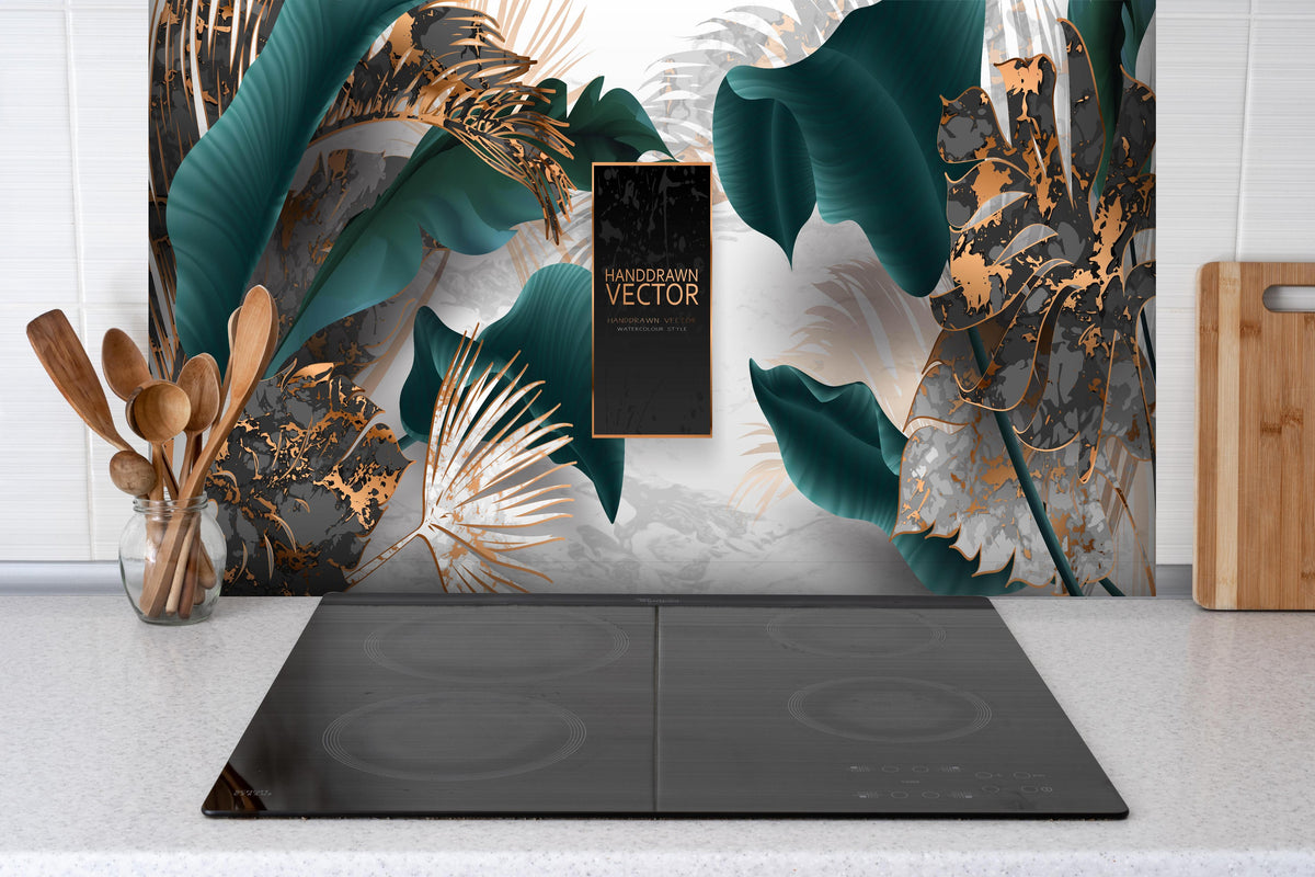 Islandburner Leinwandbild 'Grüner Marmor' 150x80cm - 4-teilig Mit Goldenen Akzenten Auf Dunklem Grund