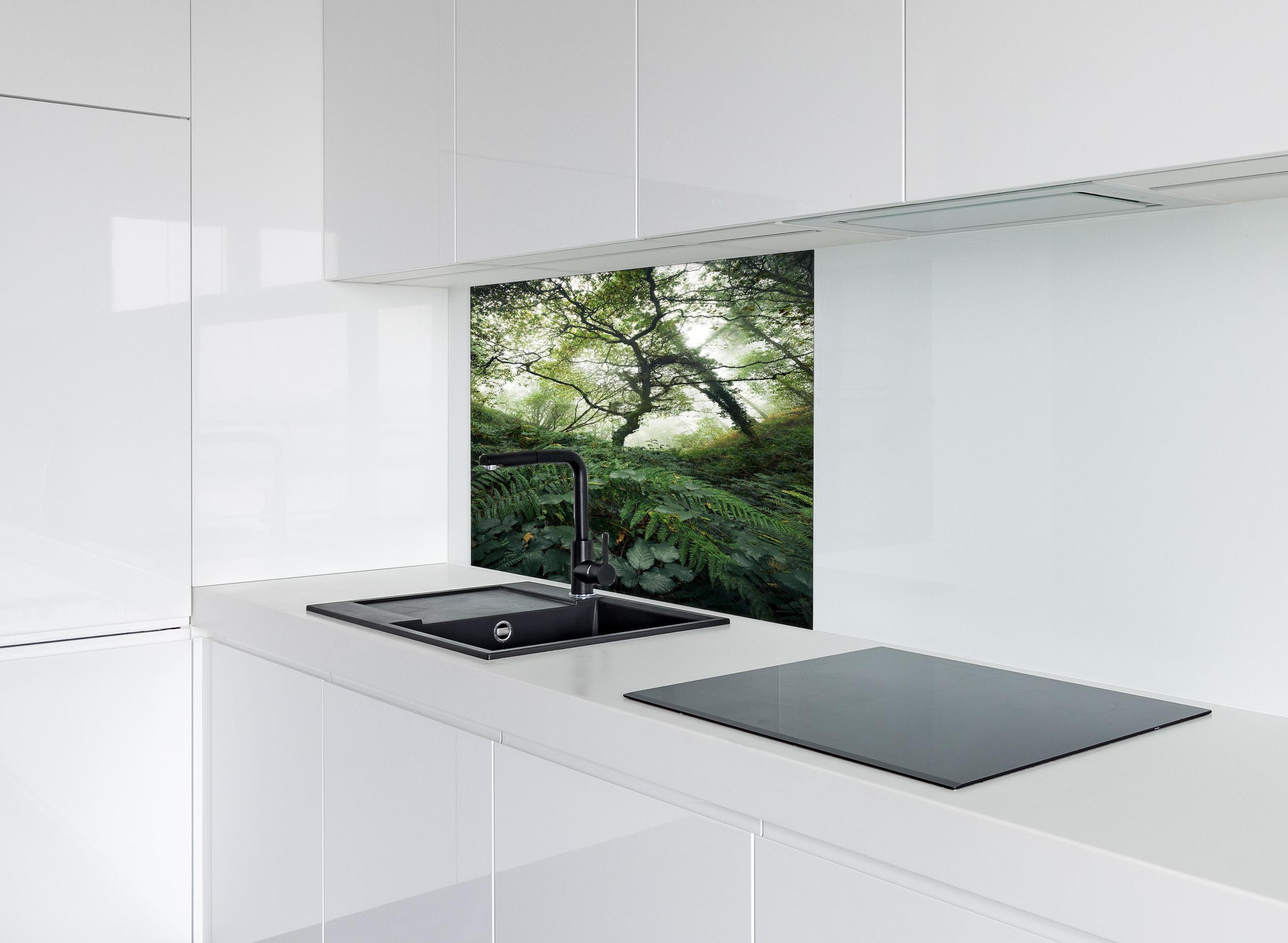 Spritzschutz - Grüner Nebelwald mit Herbstlaub hinter einem Cerankochfeld zwischen Holz-Kochutensilien
