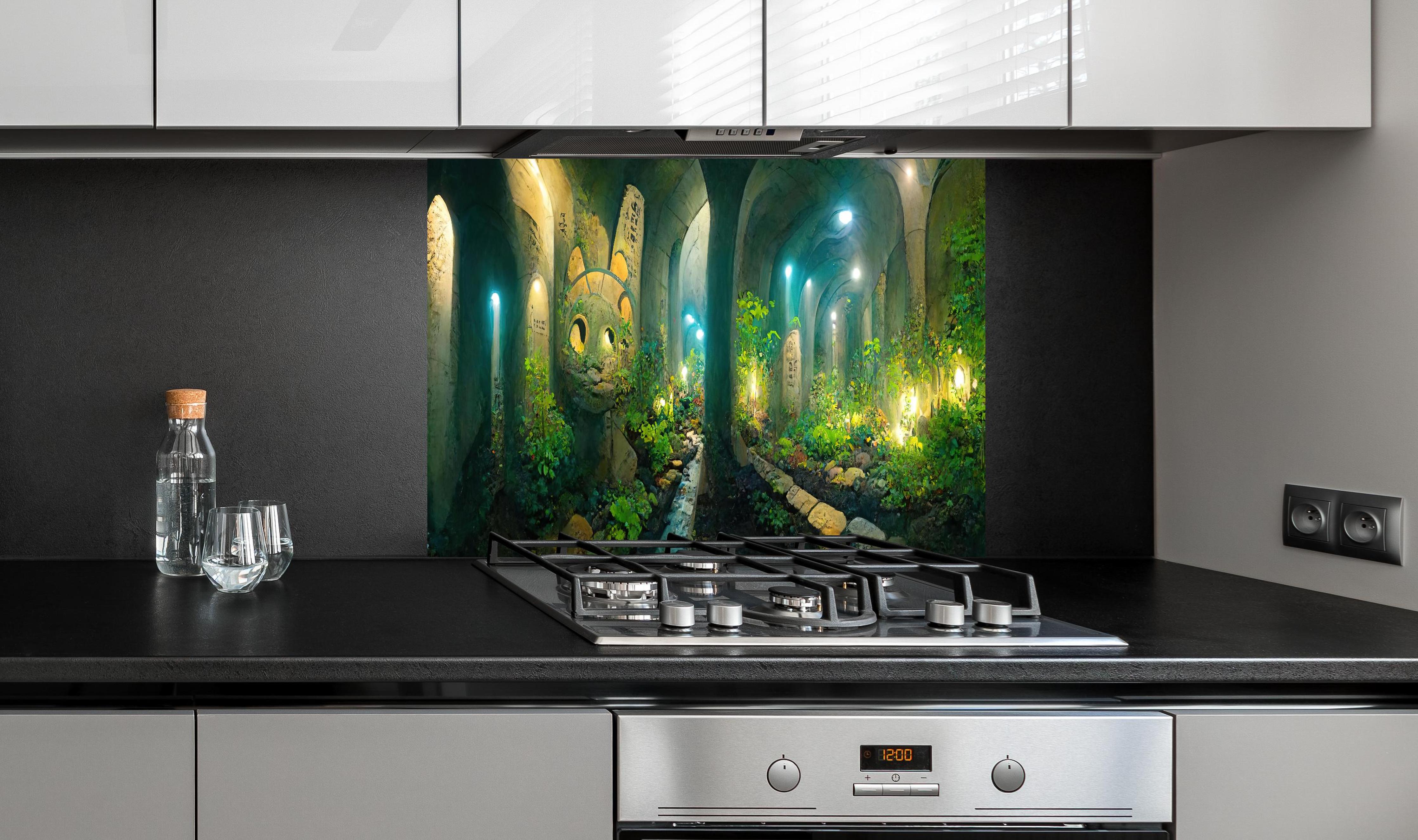 Spritzschutz - Grüner Wald im Tunnel hinter einem Cerankochfeld zwischen Holz-Kochutensilien
