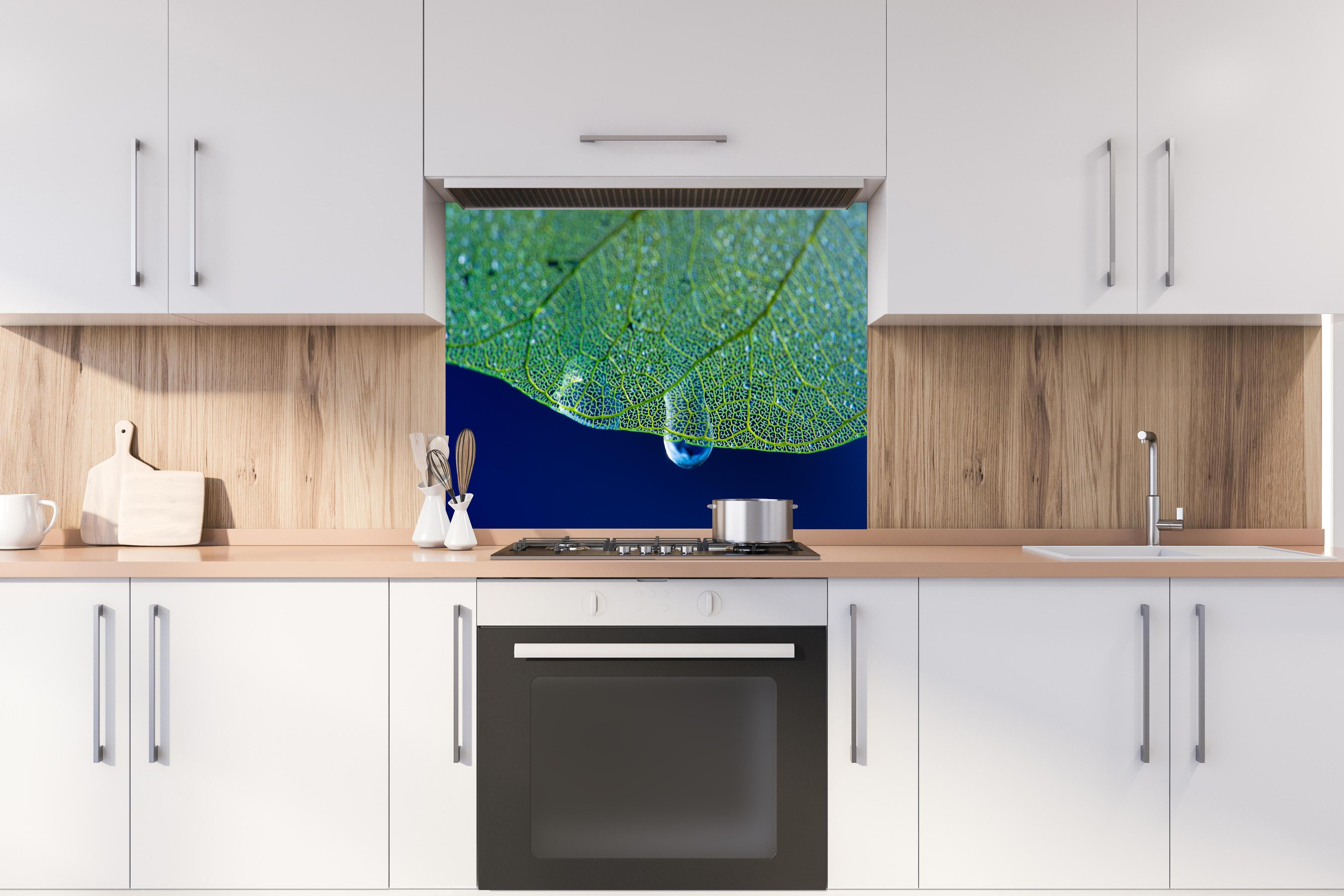 Spritzschutz - Grünes Blatt Makro mit Wassertropfen hinter einem Cerankochfeld zwischen Holz-Kochutensilien
