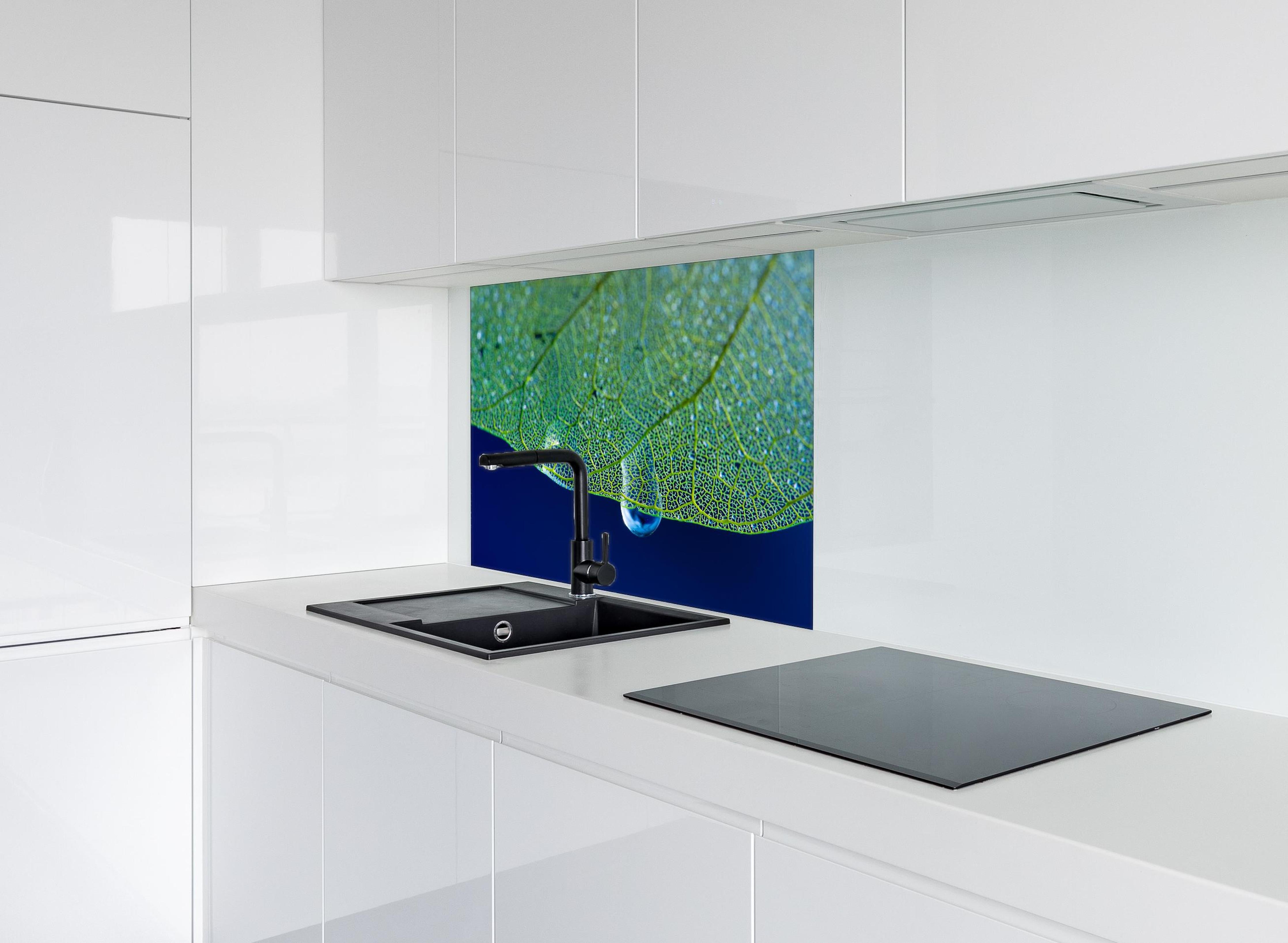 Spritzschutz - Grünes Blatt Makro mit Wassertropfen hinter einem Cerankochfeld zwischen Holz-Kochutensilien
