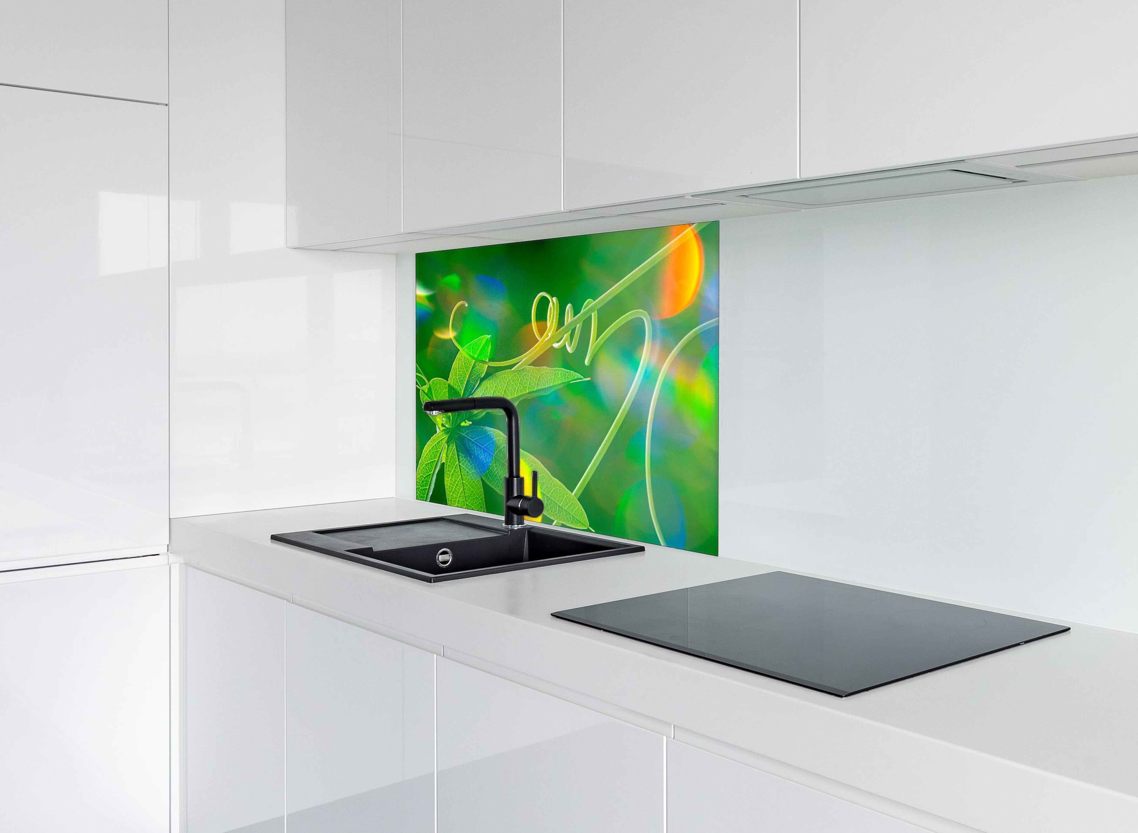 Spritzschutz - Grünes Blatt vor dunklem Hintergrund hinter einem Cerankochfeld zwischen Holz-Kochutensilien
