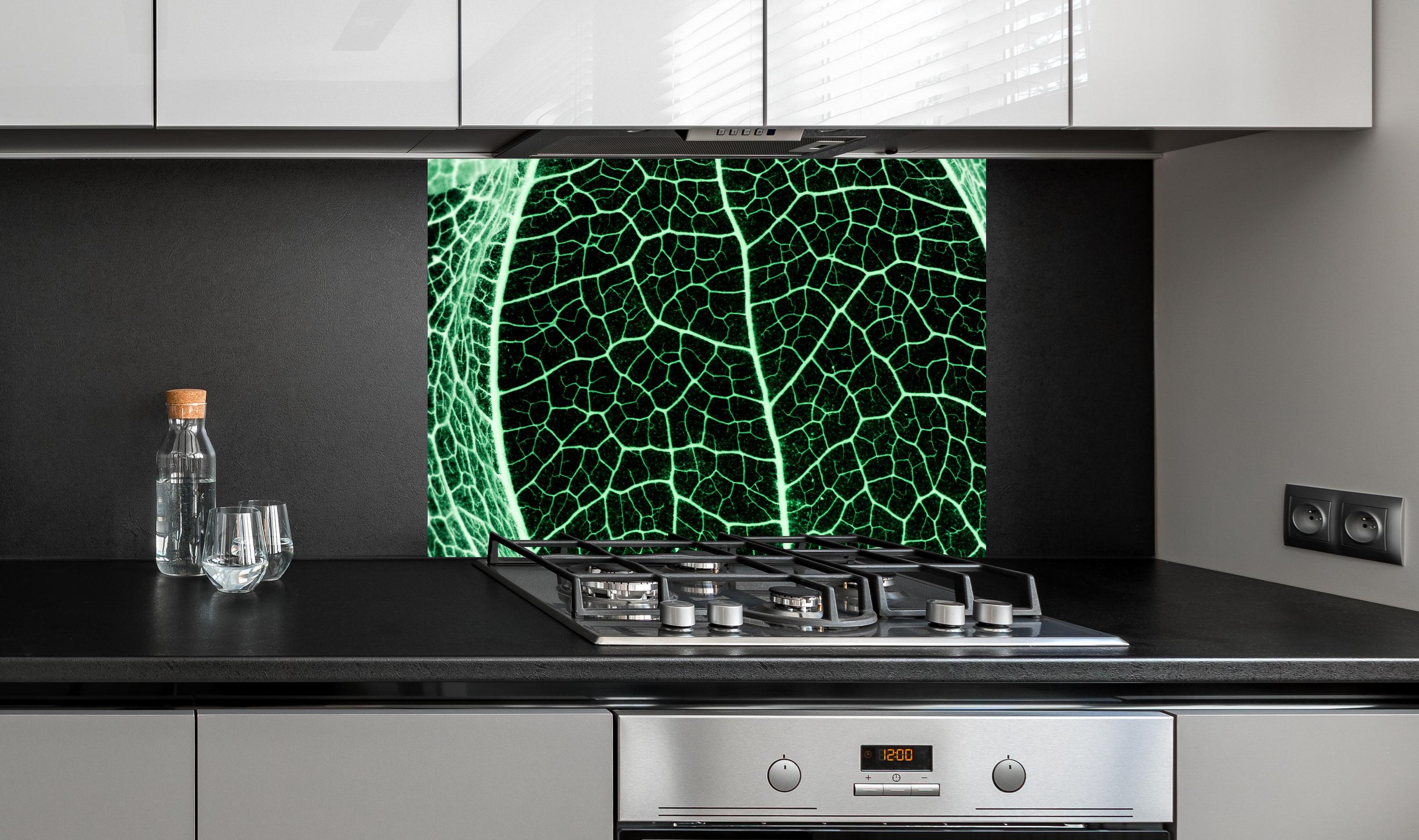 Spritzschutz - Grünliche Blatttextur im Detail hinter einem Cerankochfeld zwischen Holz-Kochutensilien
