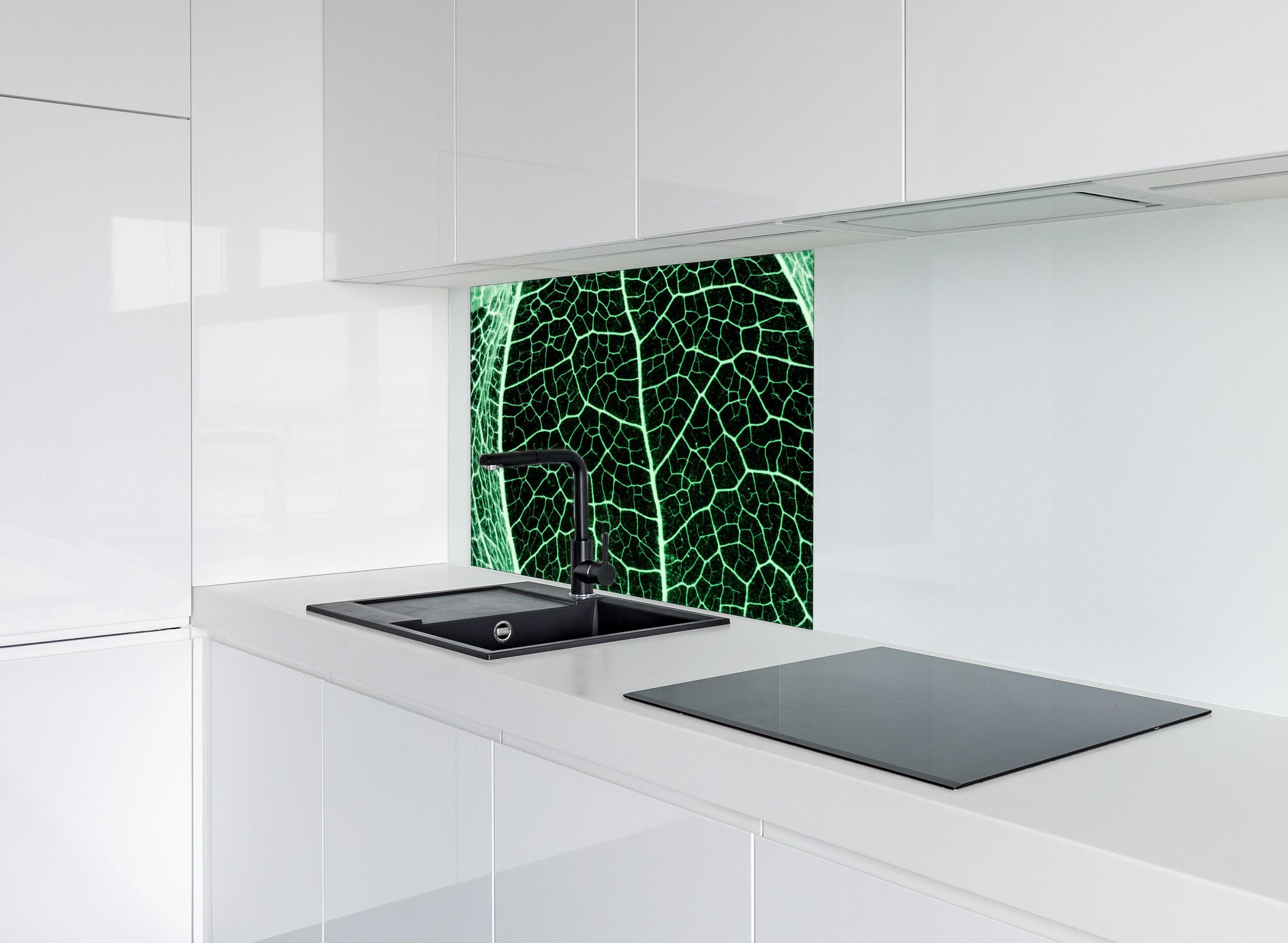 Spritzschutz - Grünliche Blatttextur im Detail hinter einem Cerankochfeld zwischen Holz-Kochutensilien
