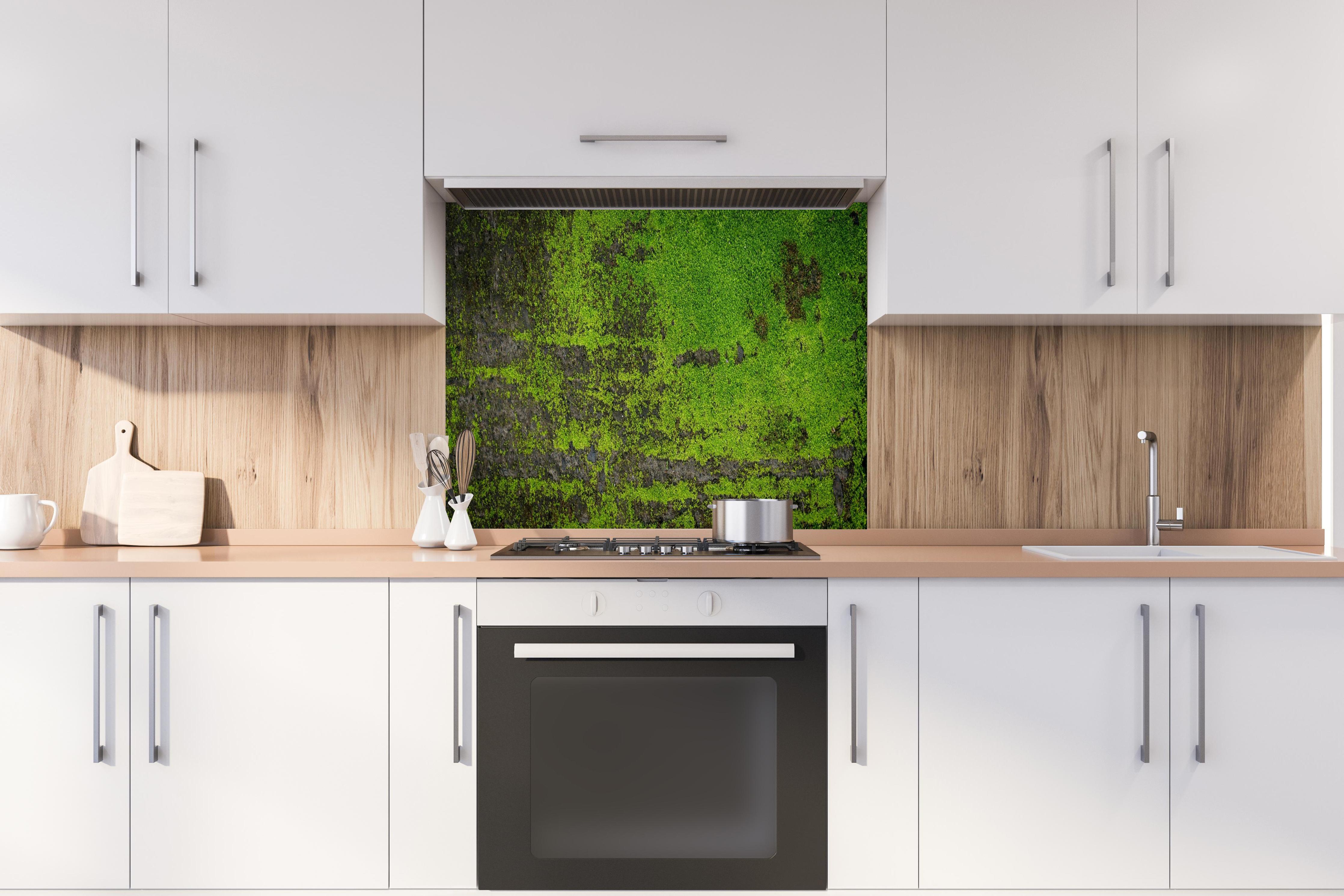 Spritzschutz - Grunge Moos Hintergrund lange Bannerformat hinter einem Cerankochfeld zwischen Holz-Kochutensilien
