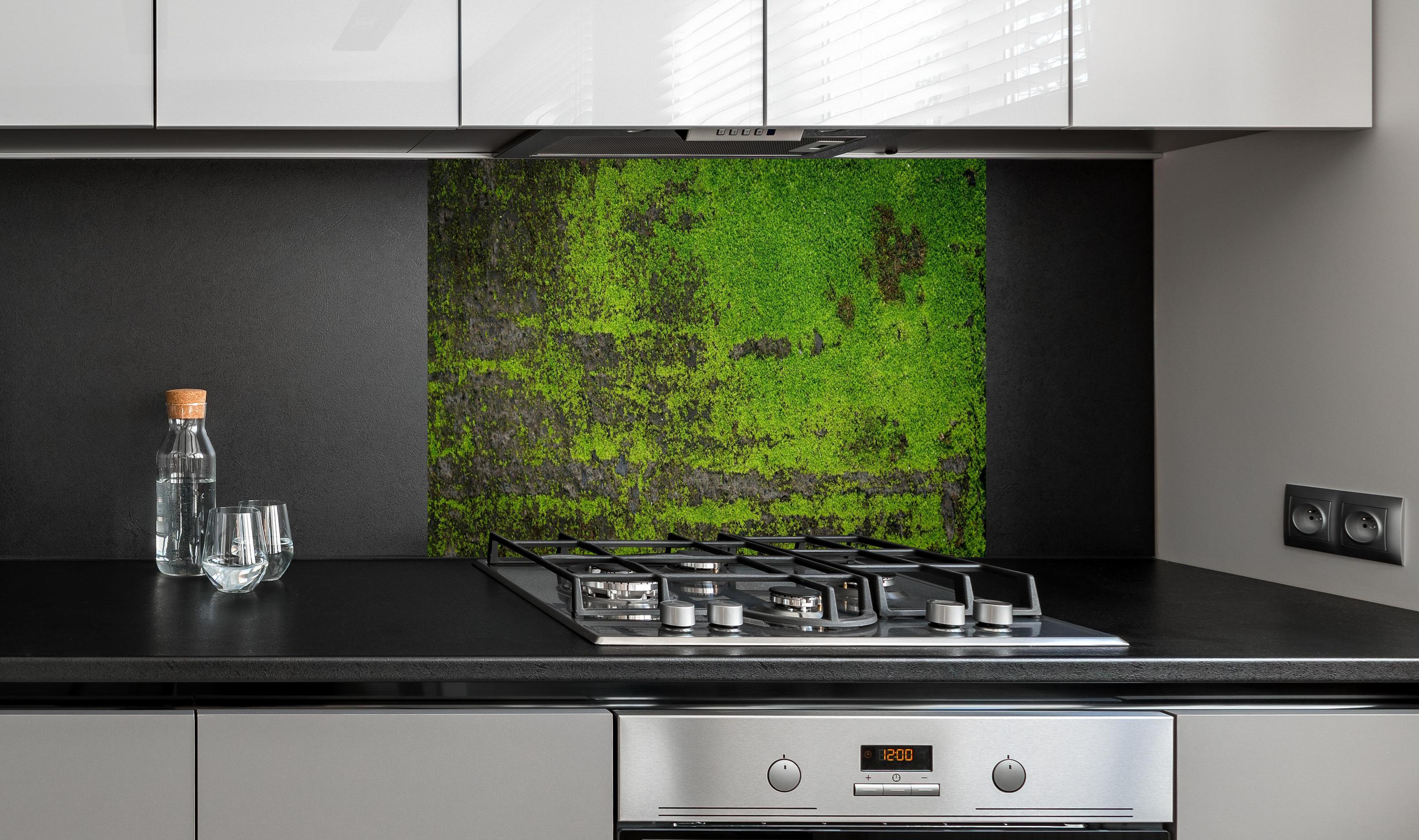 Spritzschutz - Grunge Moos Hintergrund lange Bannerformat hinter einem Cerankochfeld zwischen Holz-Kochutensilien
