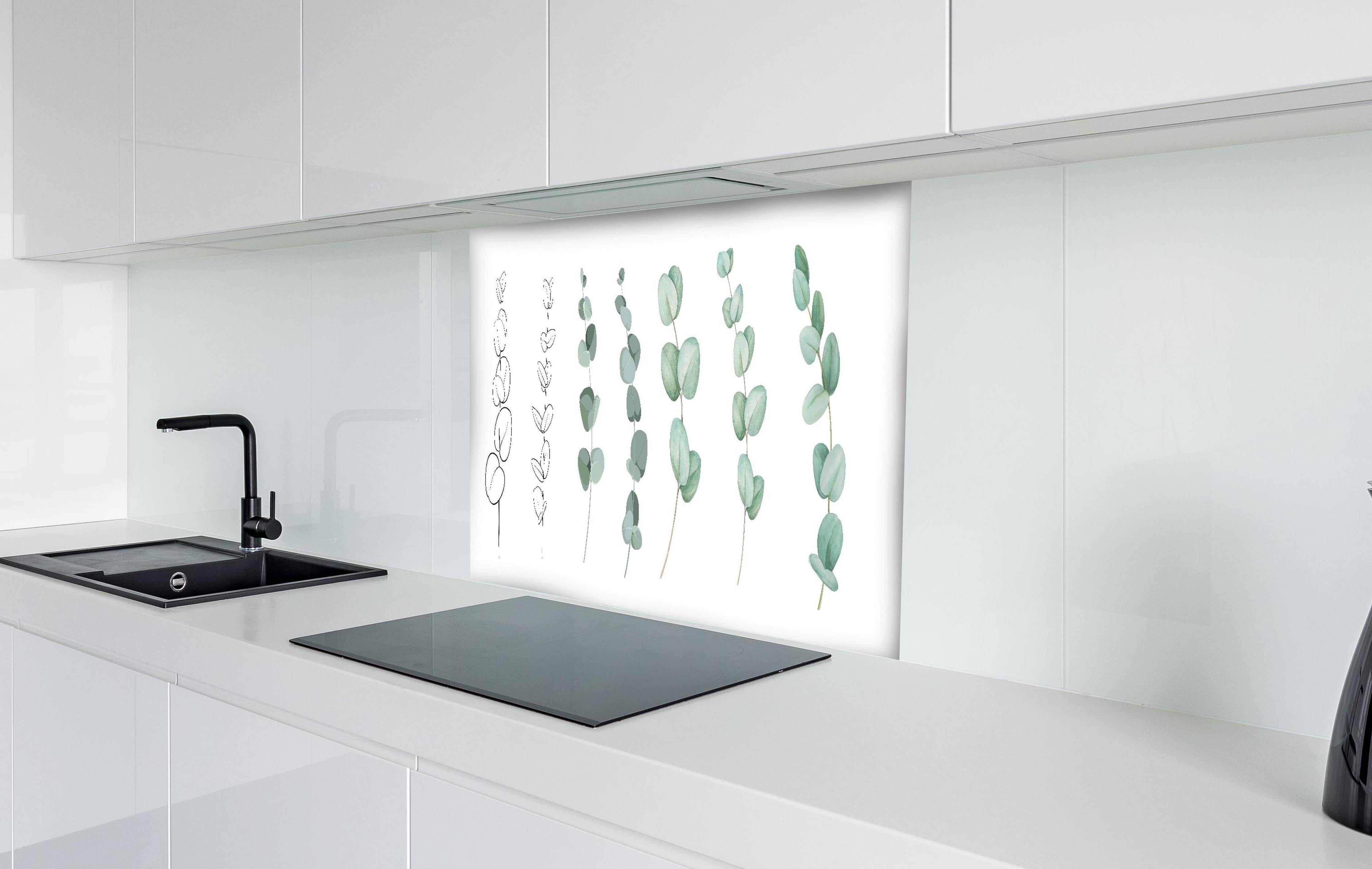 Spritzschutz - Handgemalte Eukalyptus Zweige in Aquarell hinter einem Cerankochfeld zwischen Holz-Kochutensilien
