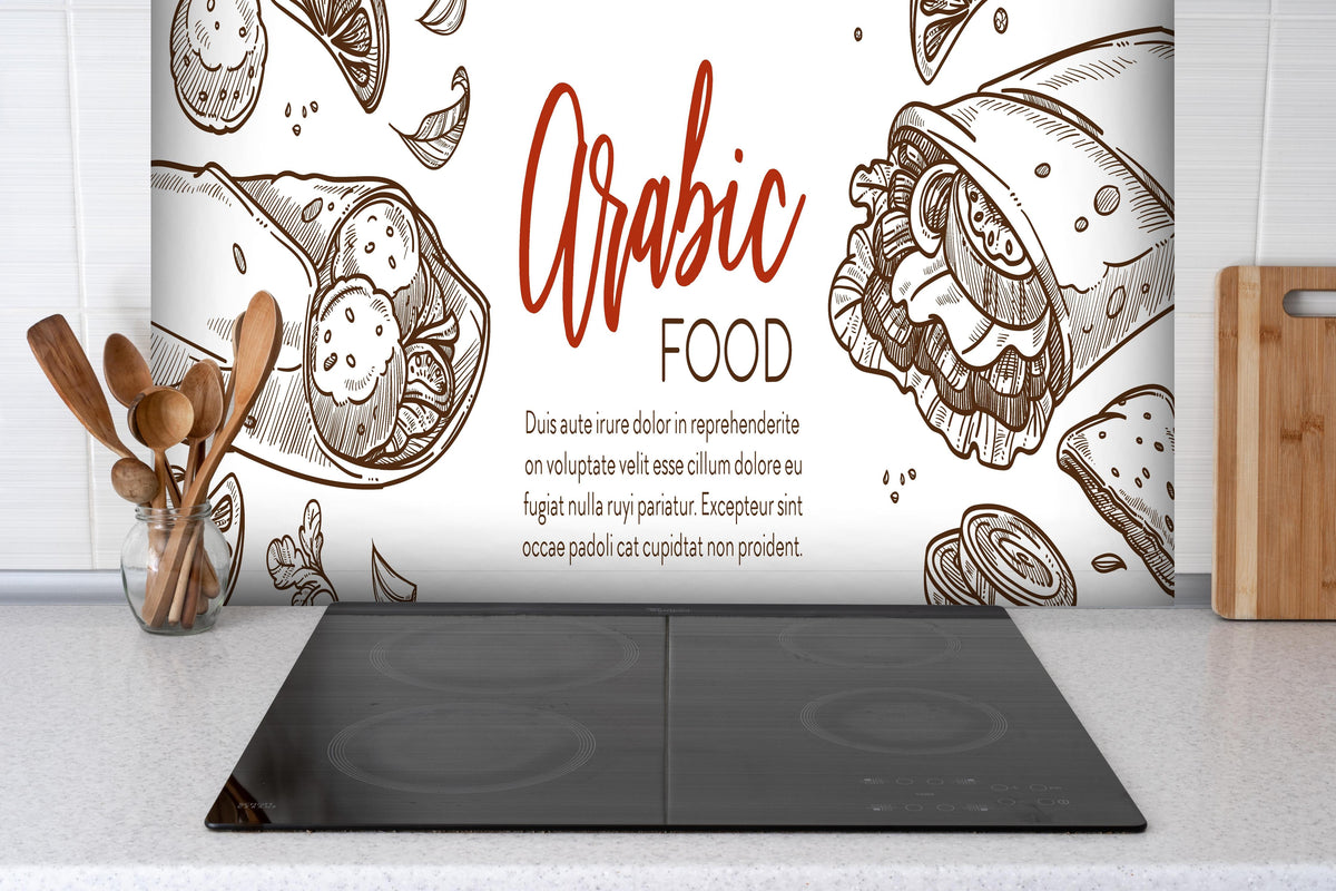Spritzschutz - Handgezeichnete Arabische Speisen Grafik hinter einem Cerankochfeld zwischen Holz-Kochutensilien

