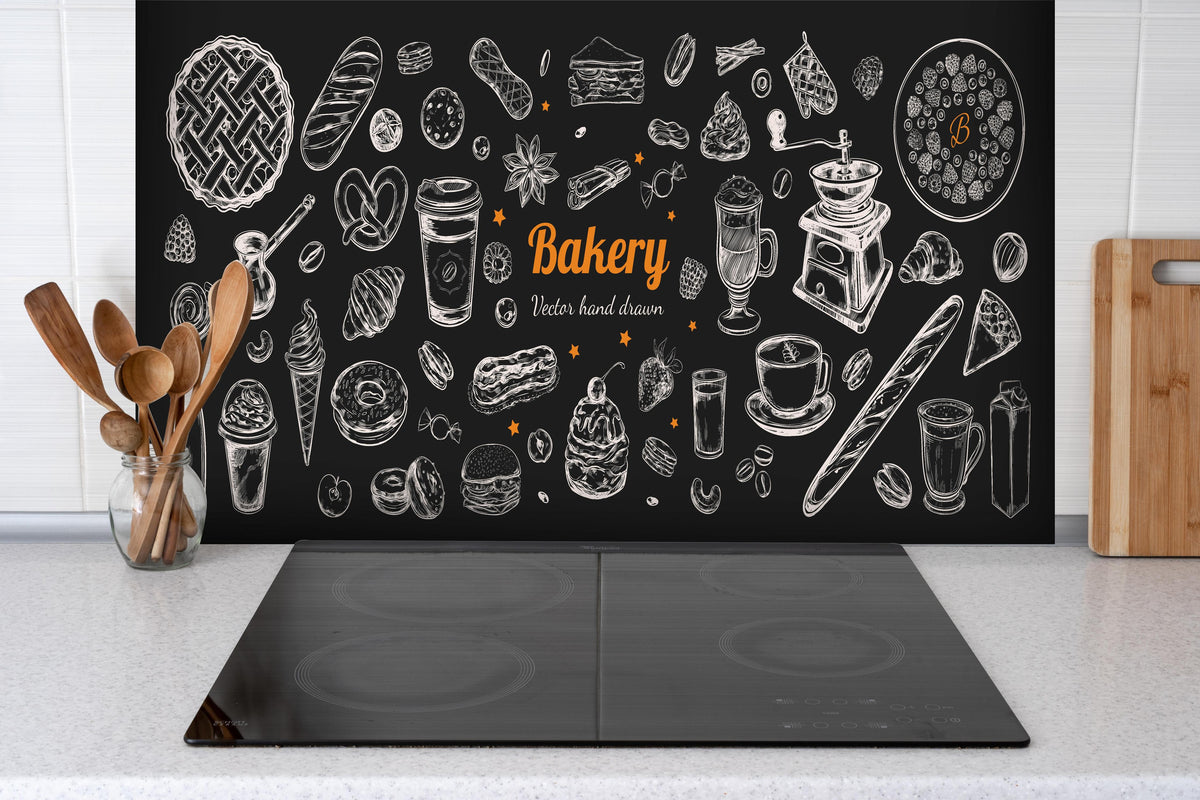 Spritzschutz - Handgezeichnete Bäckerei-Motivillustration hinter einem Cerankochfeld zwischen Holz-Kochutensilien
