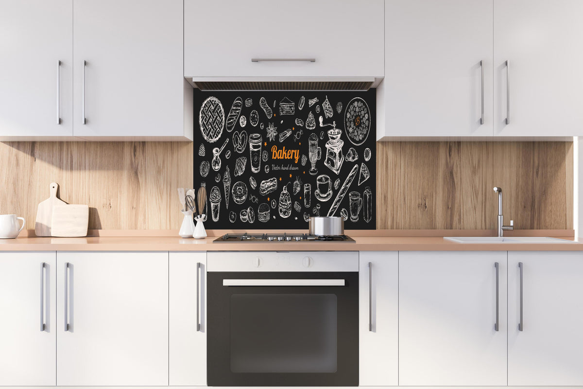 Spritzschutz - Handgezeichnete Bäckerei-Motivillustration hinter einem Cerankochfeld zwischen Holz-Kochutensilien

