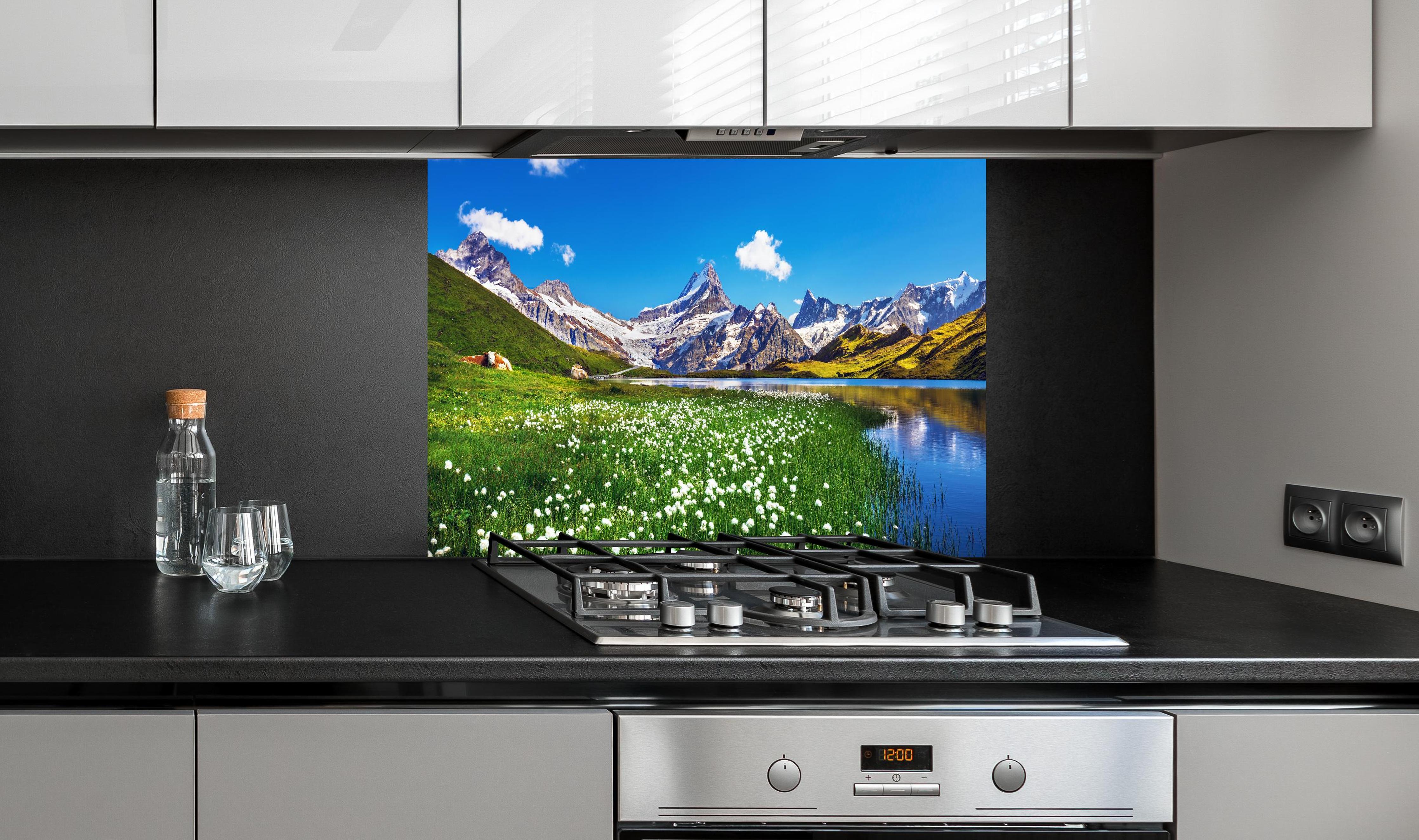 Spritzschutz - Heitere Aussicht auf die Berner Alpenkette hinter einem Cerankochfeld zwischen Holz-Kochutensilien
