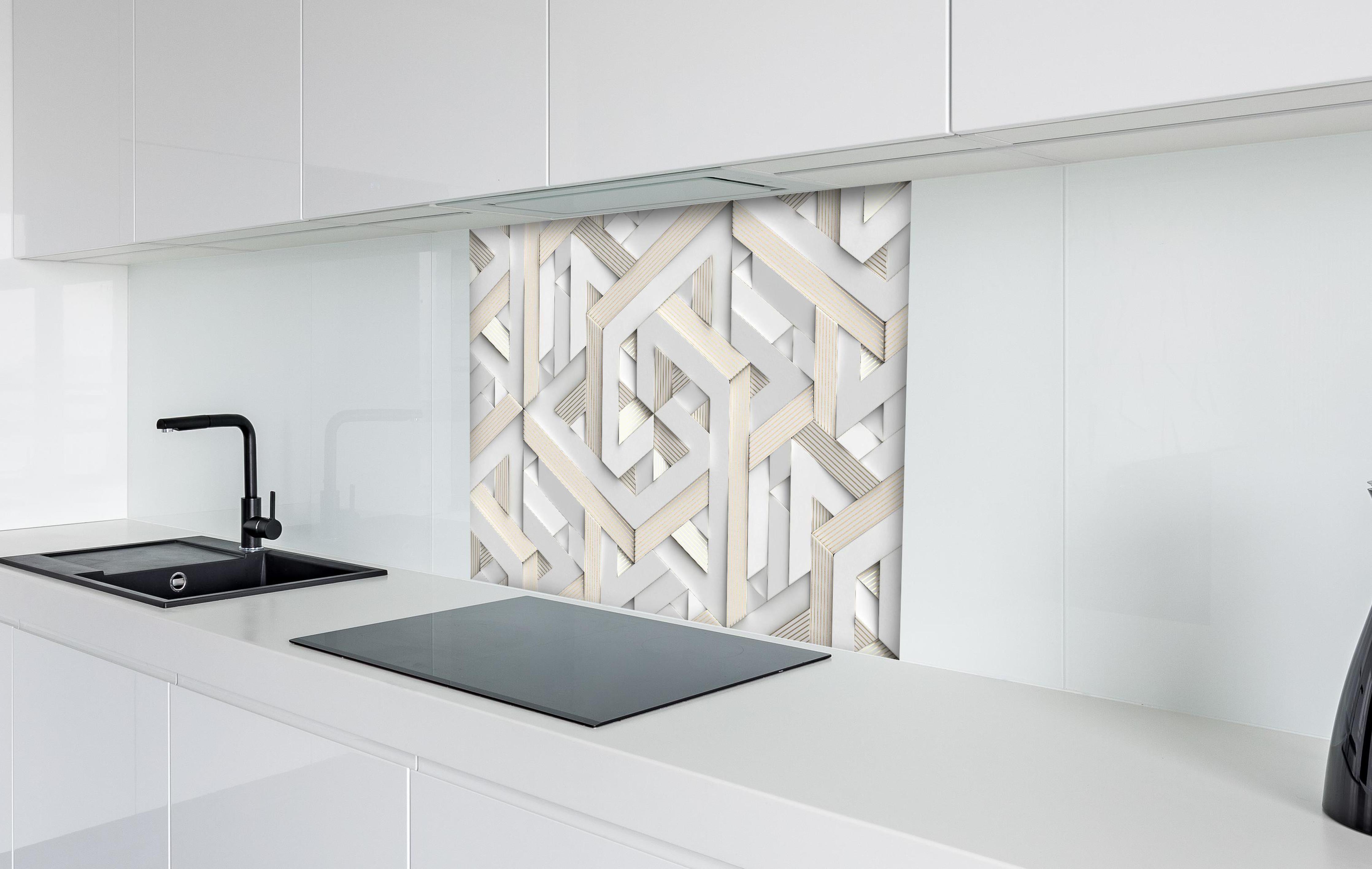 Spritzschutz - Helles Mosaik Muster - 3D hinter einem Cerankochfeld zwischen Holz-Kochutensilien
